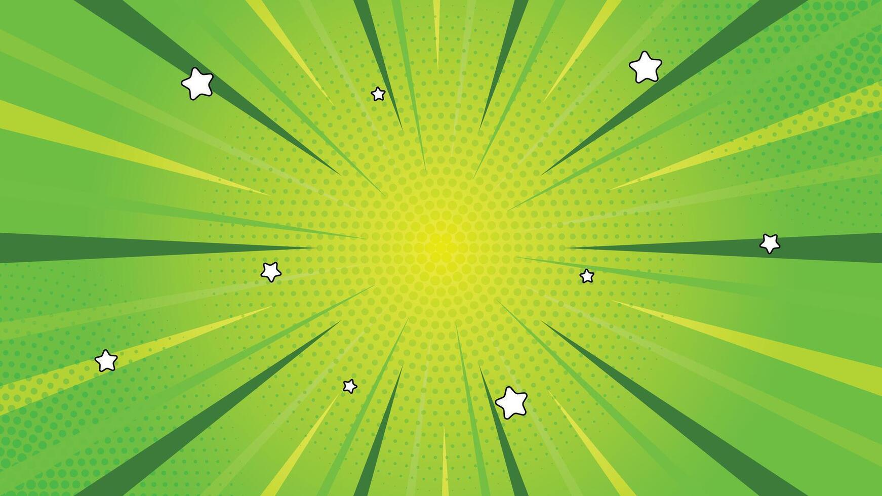 Vibrant Green Radial Comic Burst with Halftone Dots and Star Accents Design vector
