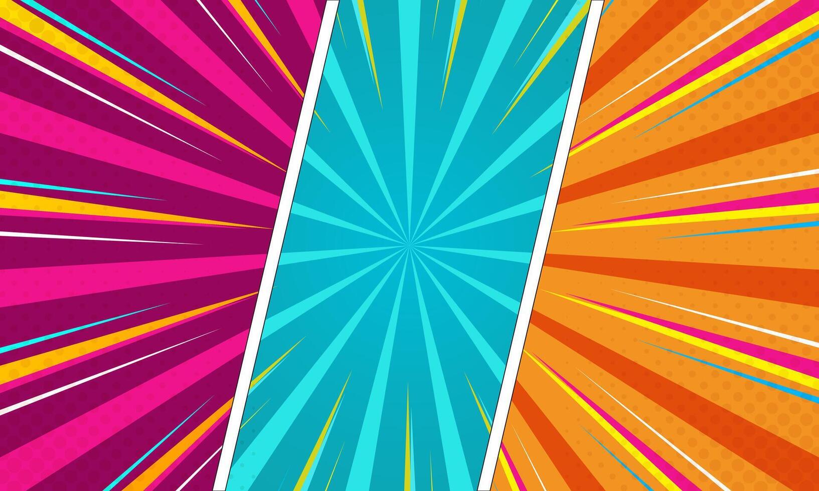 Comic Layout with Radial Lines and Halftone Dots in Pink, Blue and Orange Panel vector
