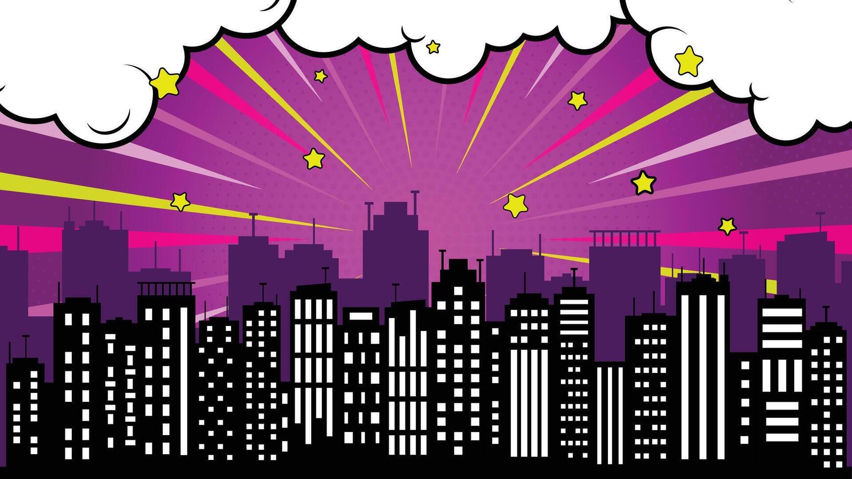 Comic Style Silhouette Skyline with Stars Clouds and Rays on Purple Backdrop vector