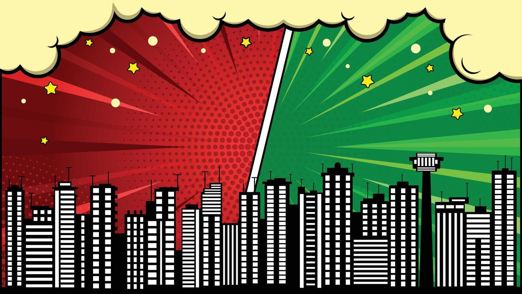 Comic Style Background with Cityscape Silhouette Against Red Green Backdrop vector