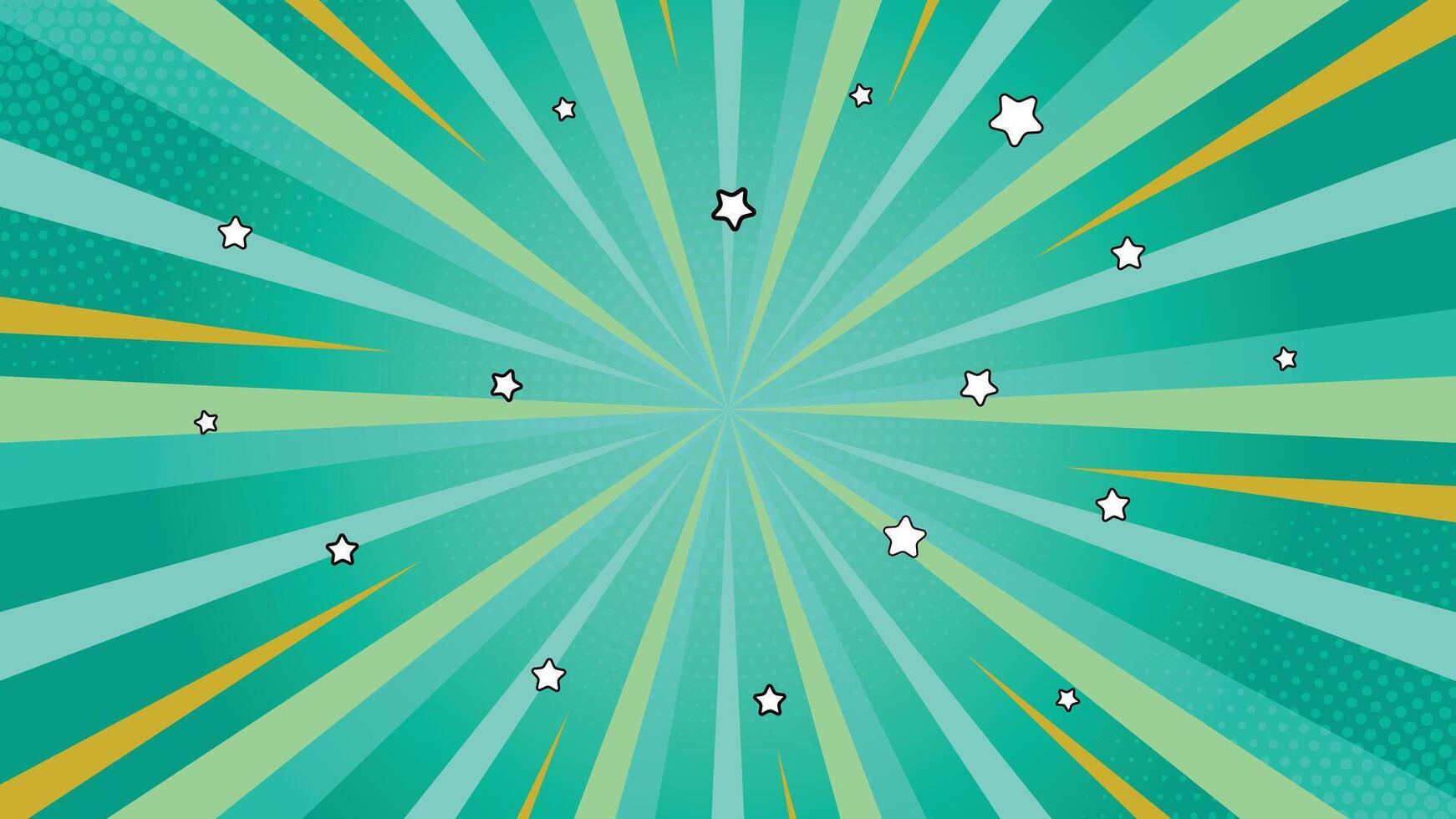 Comic Burst Background with Lines, Halftone Dots and Stars in Green and Yellow Tones vector