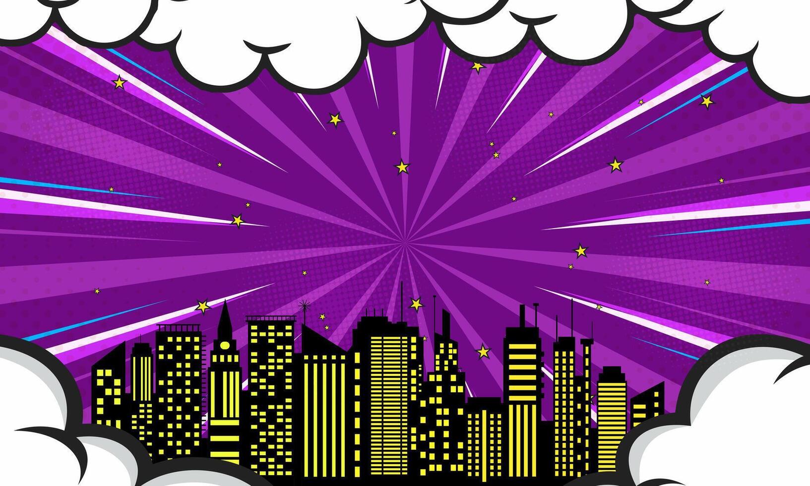 Comic Style Cityscape with Burst, Buildings, Clouds and Stars on Purple Backdrop vector