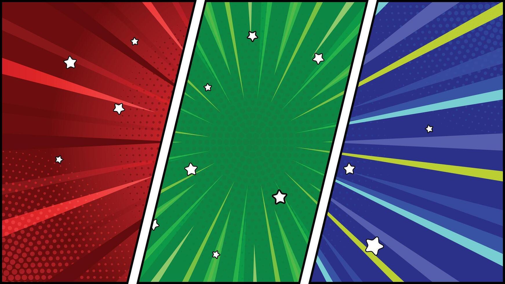 Comic Book Panels with Red, Green, Blue Burst Backgrounds and White Stars vector