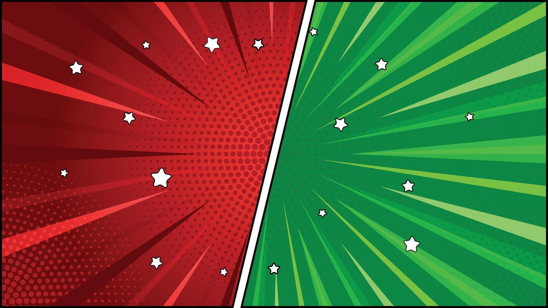Red and Green Comic Book Style Background with Halftone and White Star Elements vector