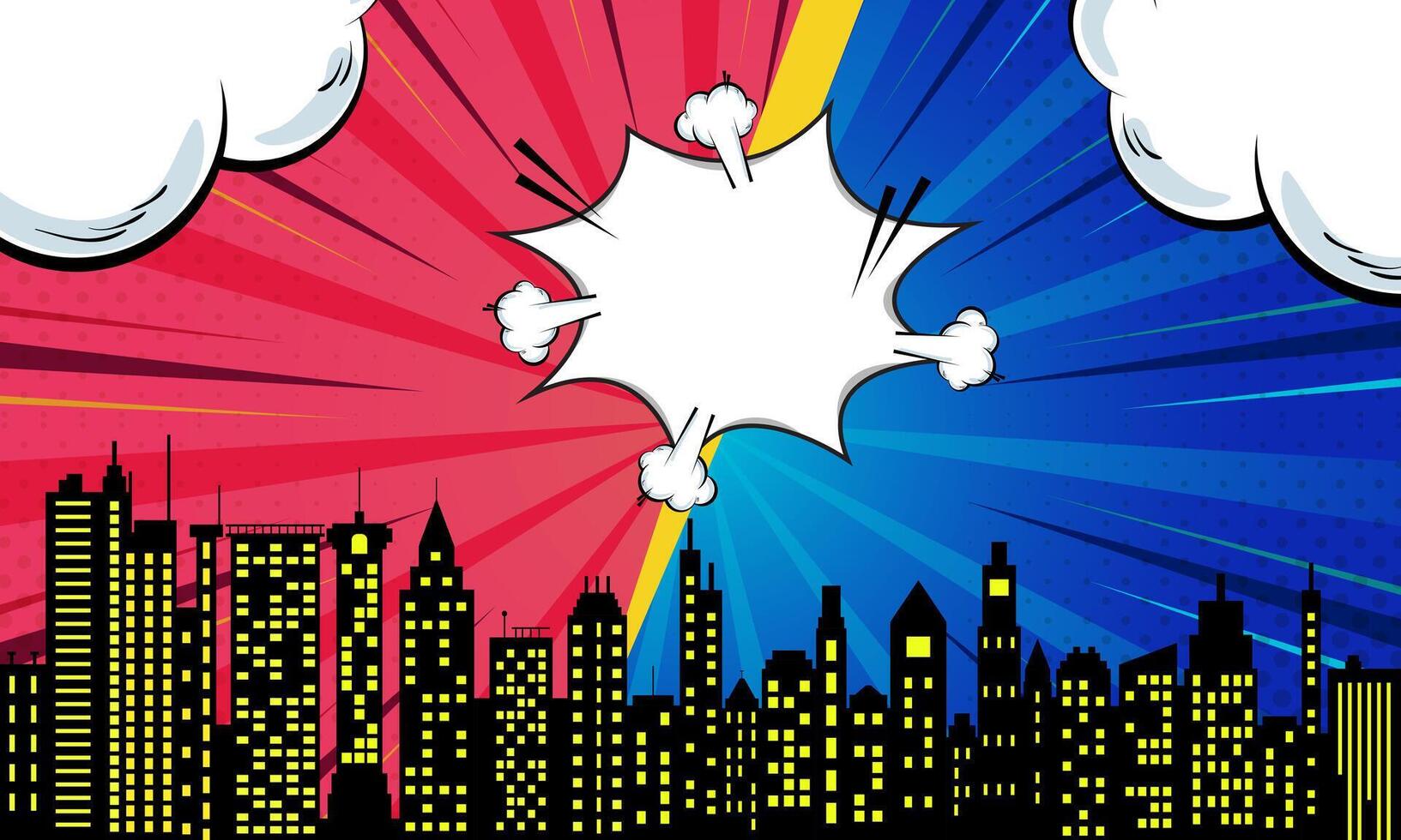 Comic Fight Background with Explosion, Cityscape Silhouette, and Red vs Blue Rays vector