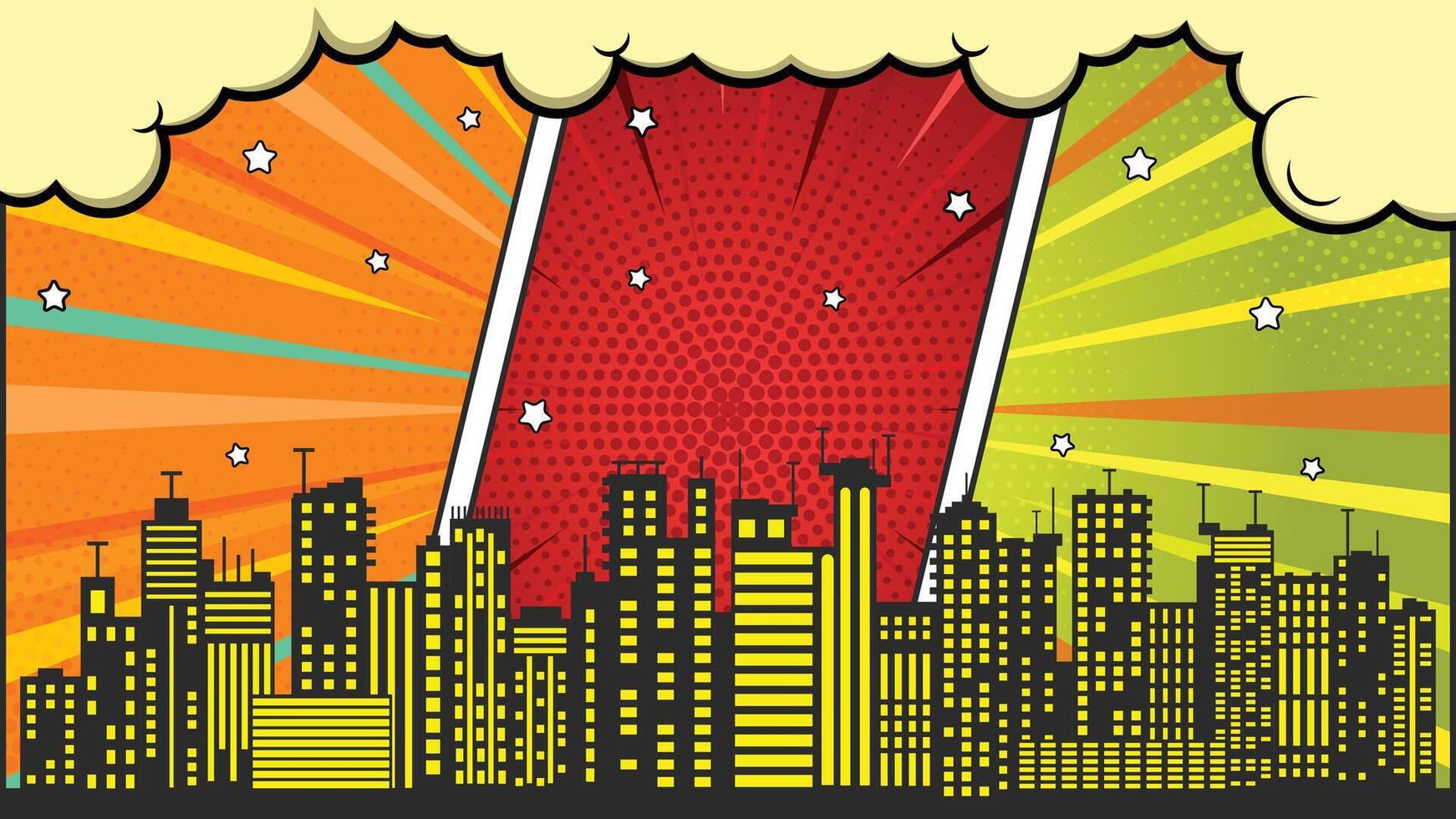 Pop Art Cityscape with Buildings Silhouette and Comic Burst Background Panels vector