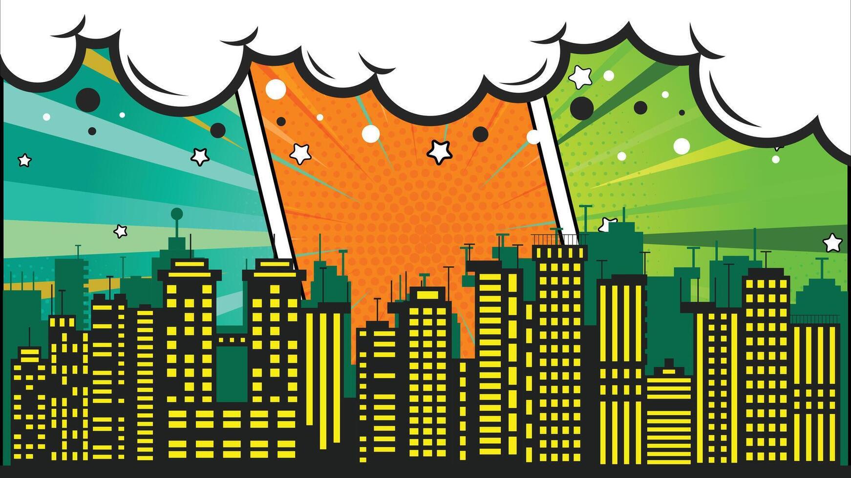 Colorful Cityscape with Retro Pop Art Background, Buildings Silhouette and Star Accents vector