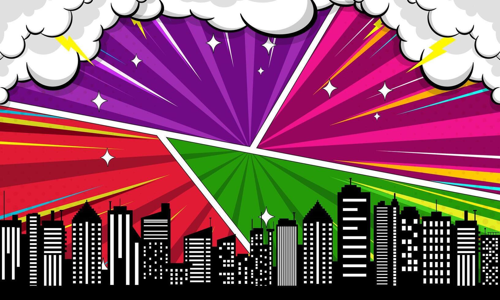 Comic Style Cityscape with Retro Color Rays, Clouds, and Star Accents vector
