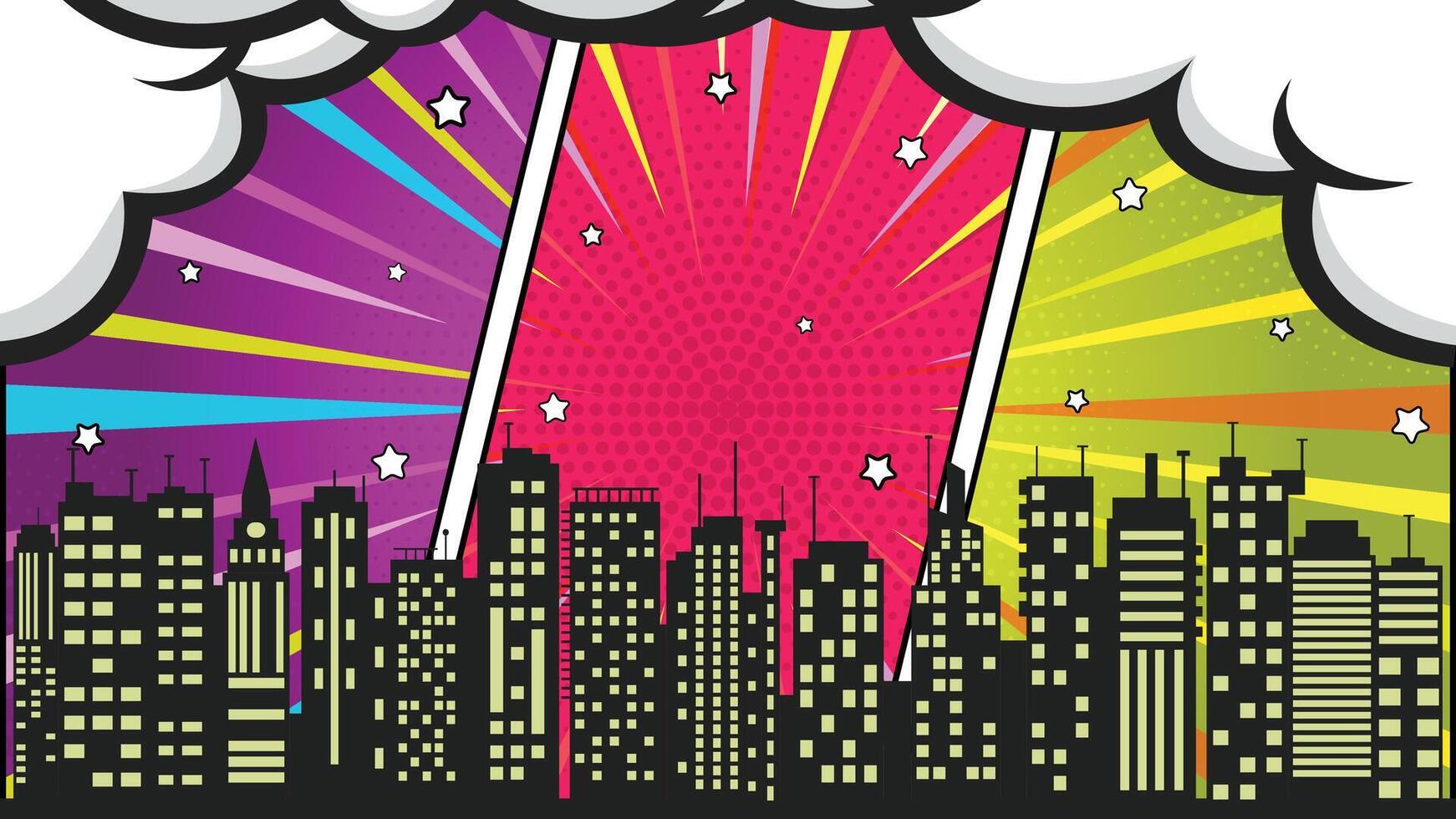 Comic style cityscape with pop art halftone effects and diverse color rays design vector