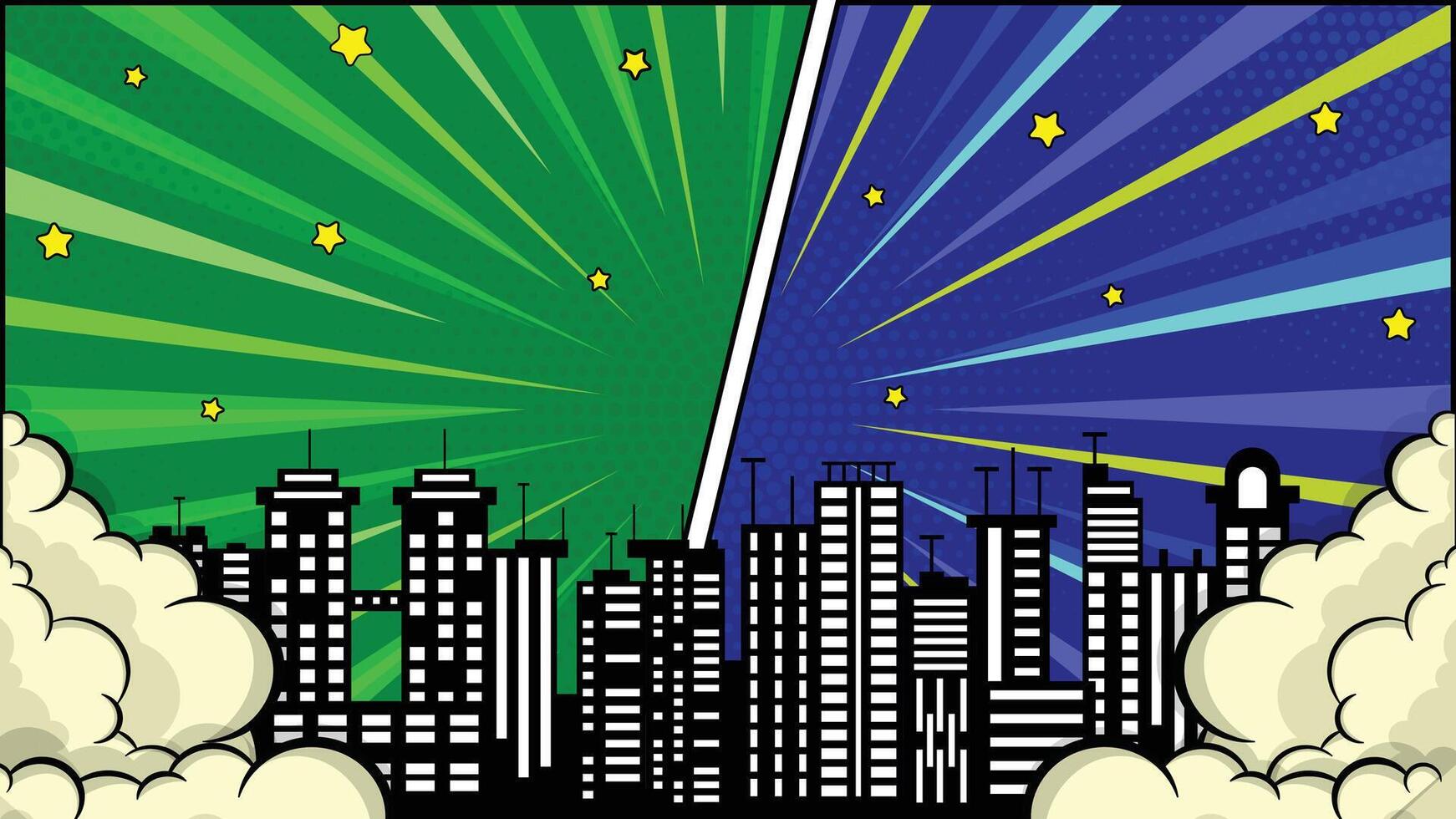Comic Book Style Split Background, Green and Blue, Cityscape Silhouette with Clouds vector