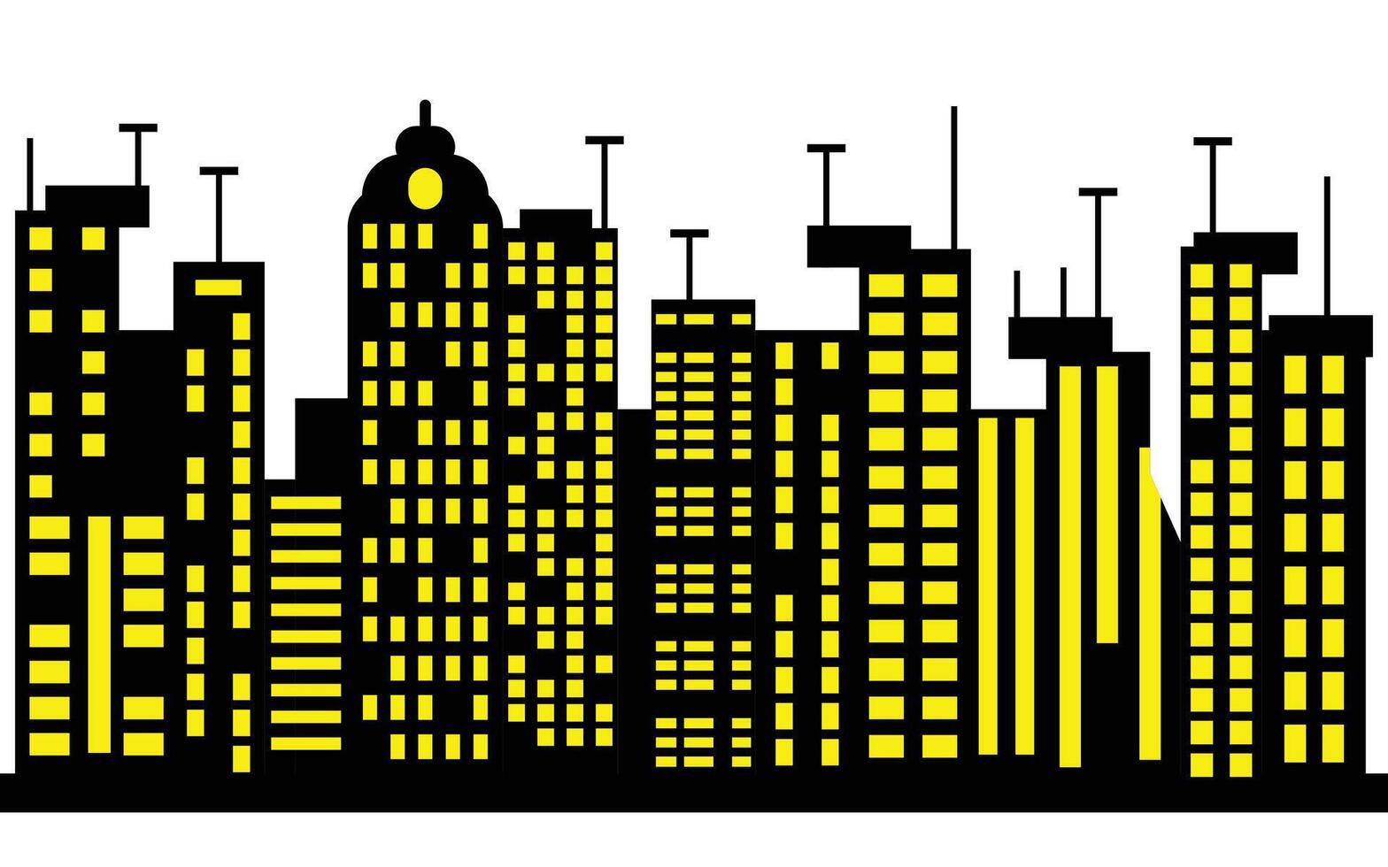 Cityscape Silhouette with Yellow Windows on Buildings Against a white Background vector