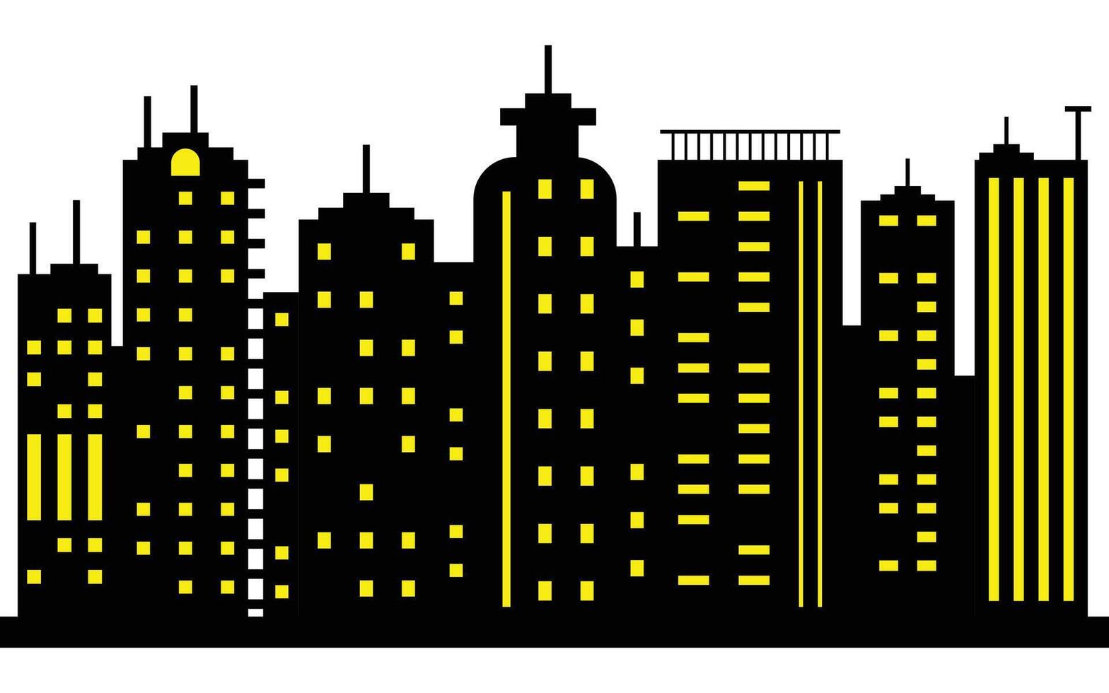 Black Silhouette of Cityscape with Yellow Windows on a White Background vector