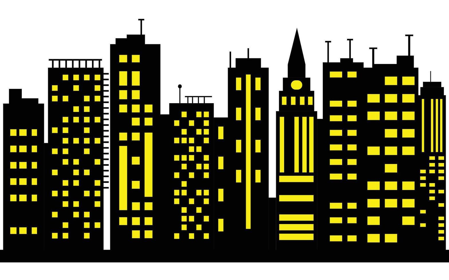 Dark Cityscape Silhouette with Yellow Windows on a White Background, Modern Architecture vector