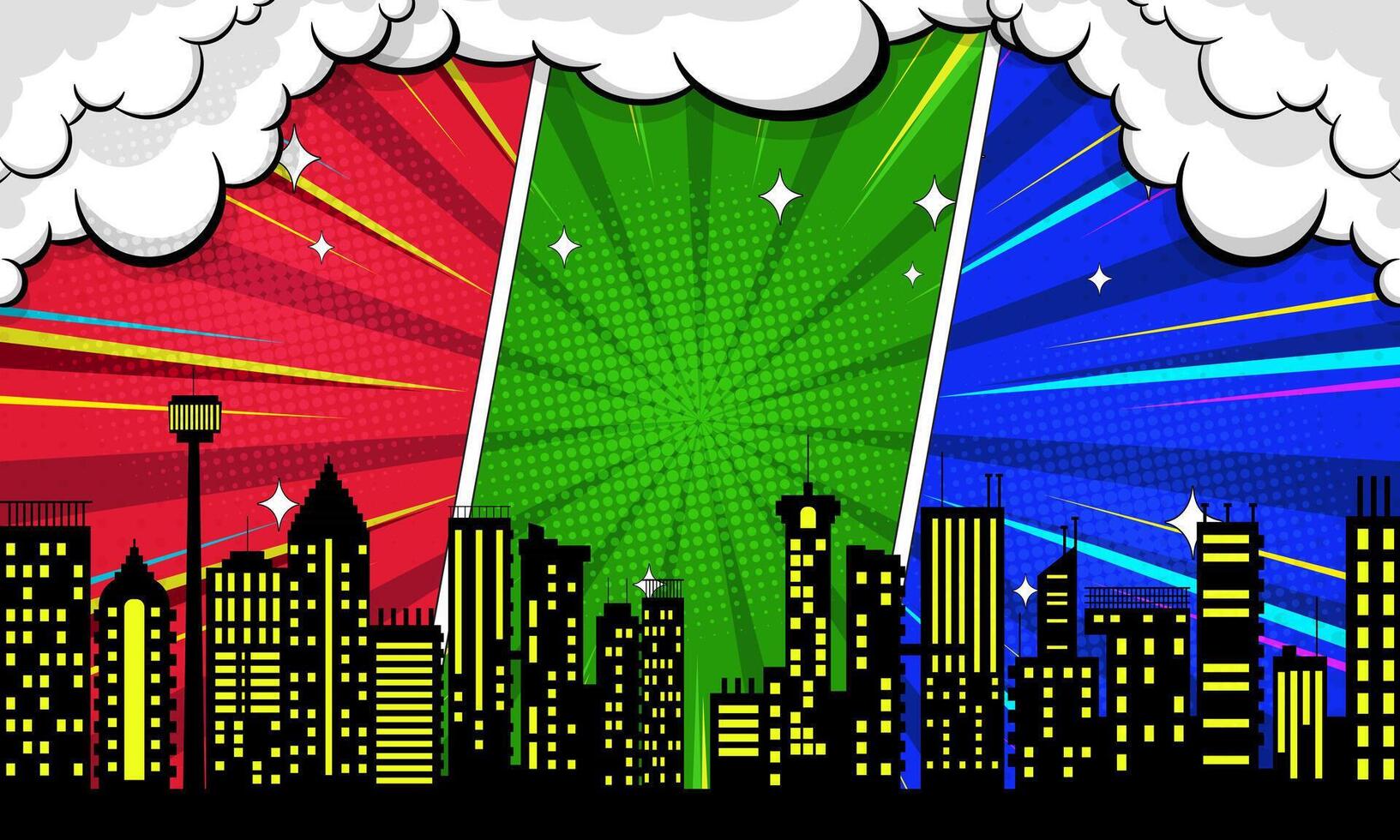 Cityscape Comic Pop Art Skyscrapers Silhouette on Red Green Blue Dotted Background vector