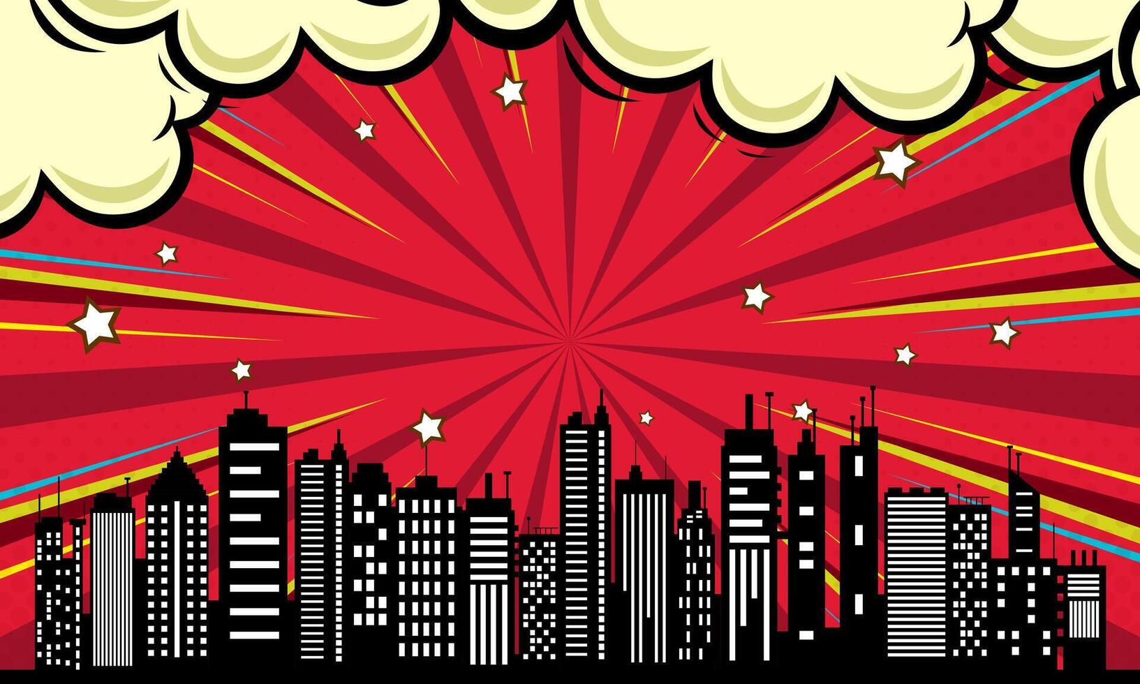 Cityscape Comic Style Red Background, Cartoon Clouds, Pop Art, Burst and Stars vector