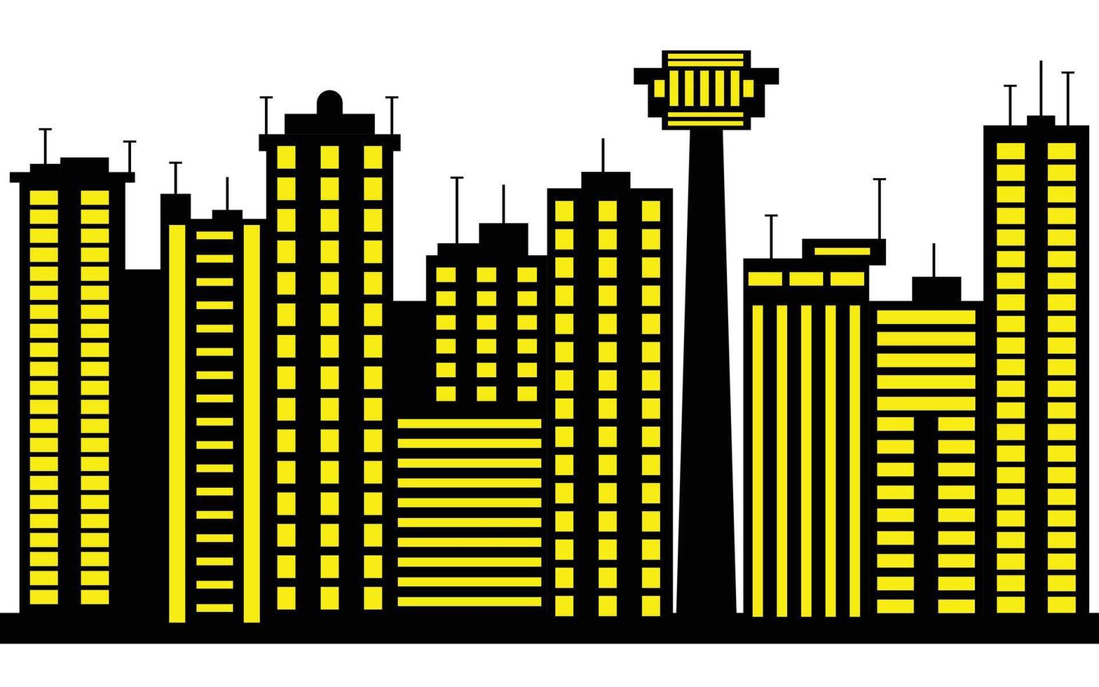 Black cityscape silhouette with yellow windows against white background cartoon vector