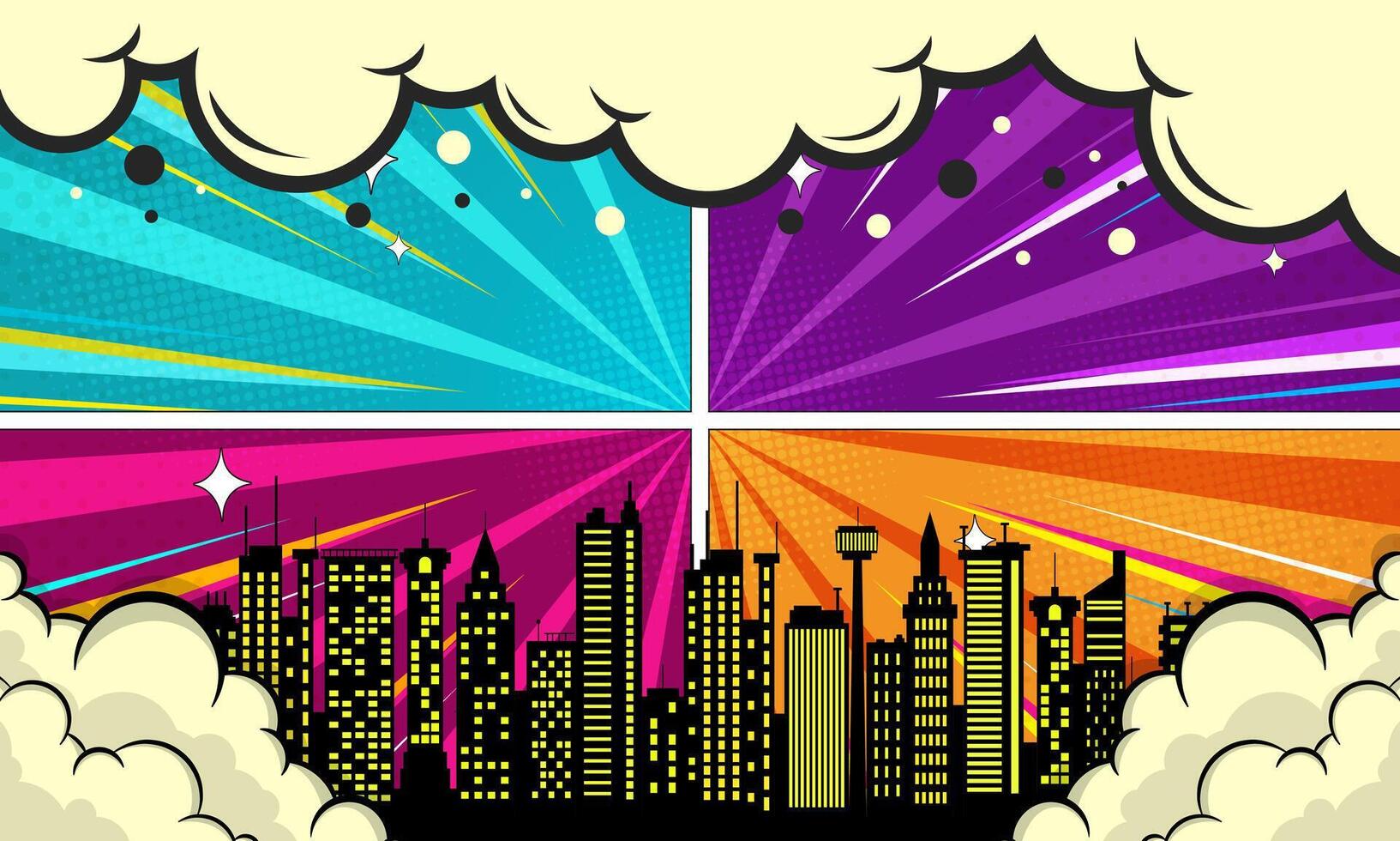 Colorful Split Screen Cityscape Comic Book Style Buildings with Ray Burst Background vector