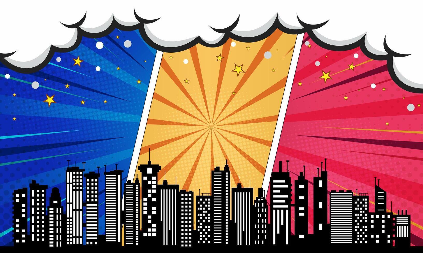 Colorful Comic Book Panels with Cityscape Silhouette and Stars, vector