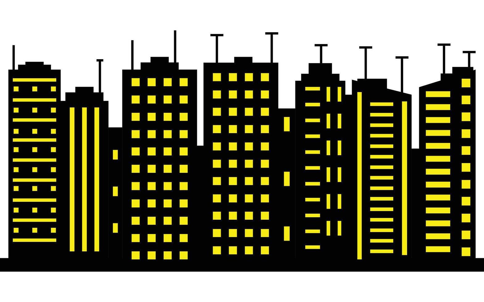 Pixelated Cityscape Silhouette with Yellow Windows and Antennas on white Background vector
