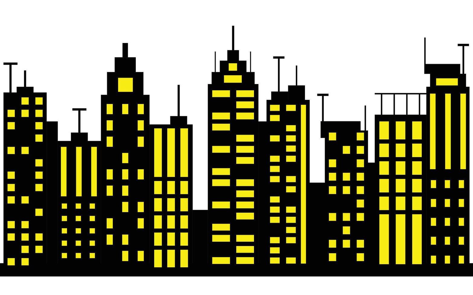 Pixel Art Cityscape Skyline, Black Buildings with Yellow Windows, Isolated on White vector