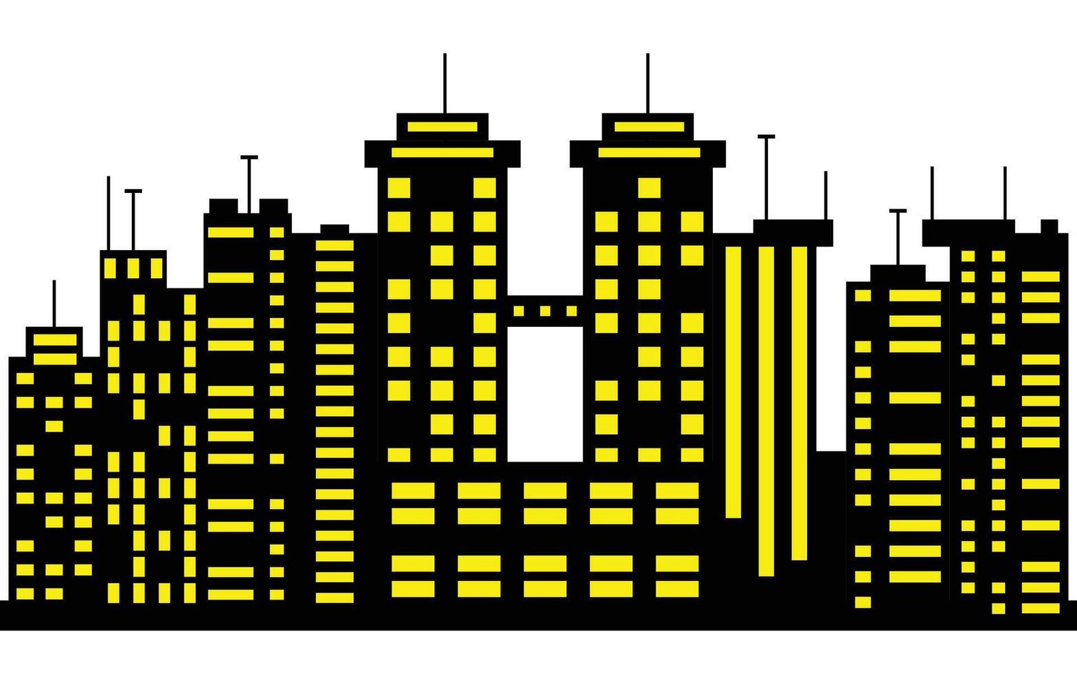 Cityscape Silhouette with Yellow Windows, Modern Building Architecture and white Background vector