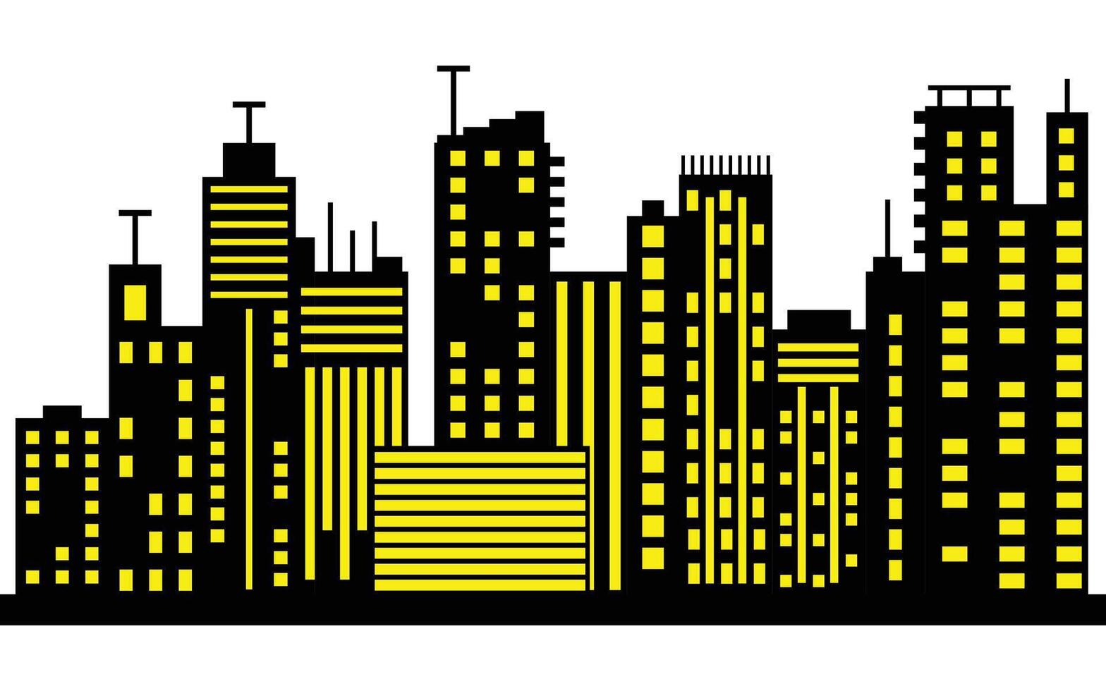 Cityscape Silhouette with Yellow Windows, Urban Design, on White vector