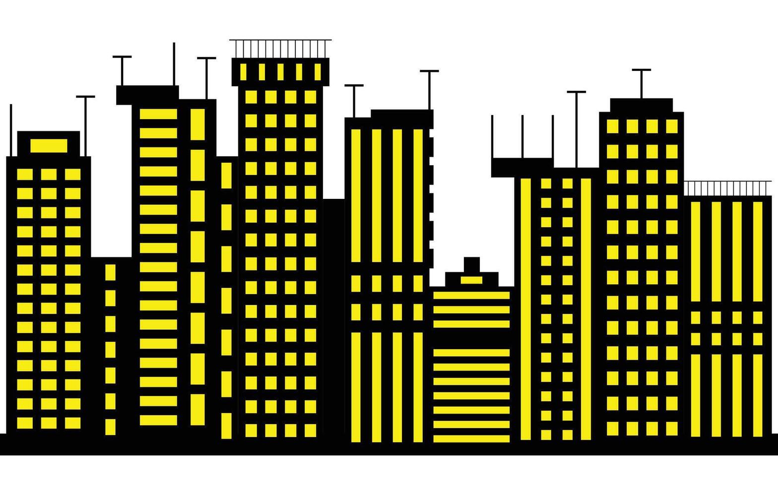 Minimalist Cityscape with Yellow Windows on Black Buildings White Background vector