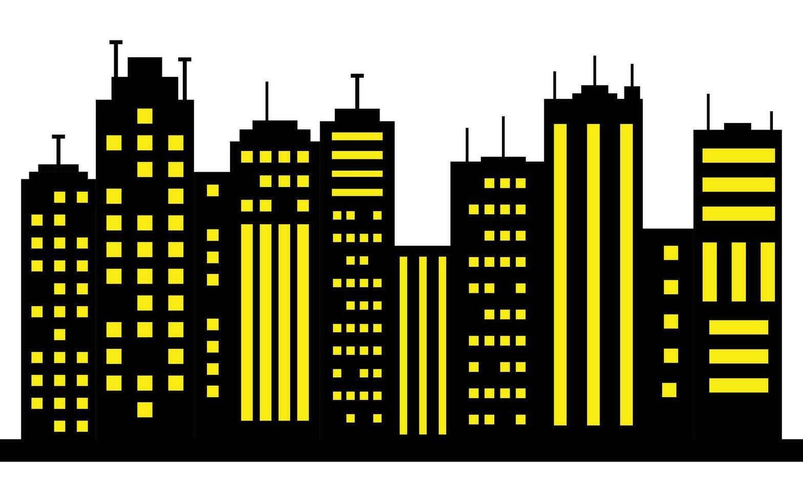 Pixel Art Cityscape Silhouette with Yellow Windows and White Background Scenery vector