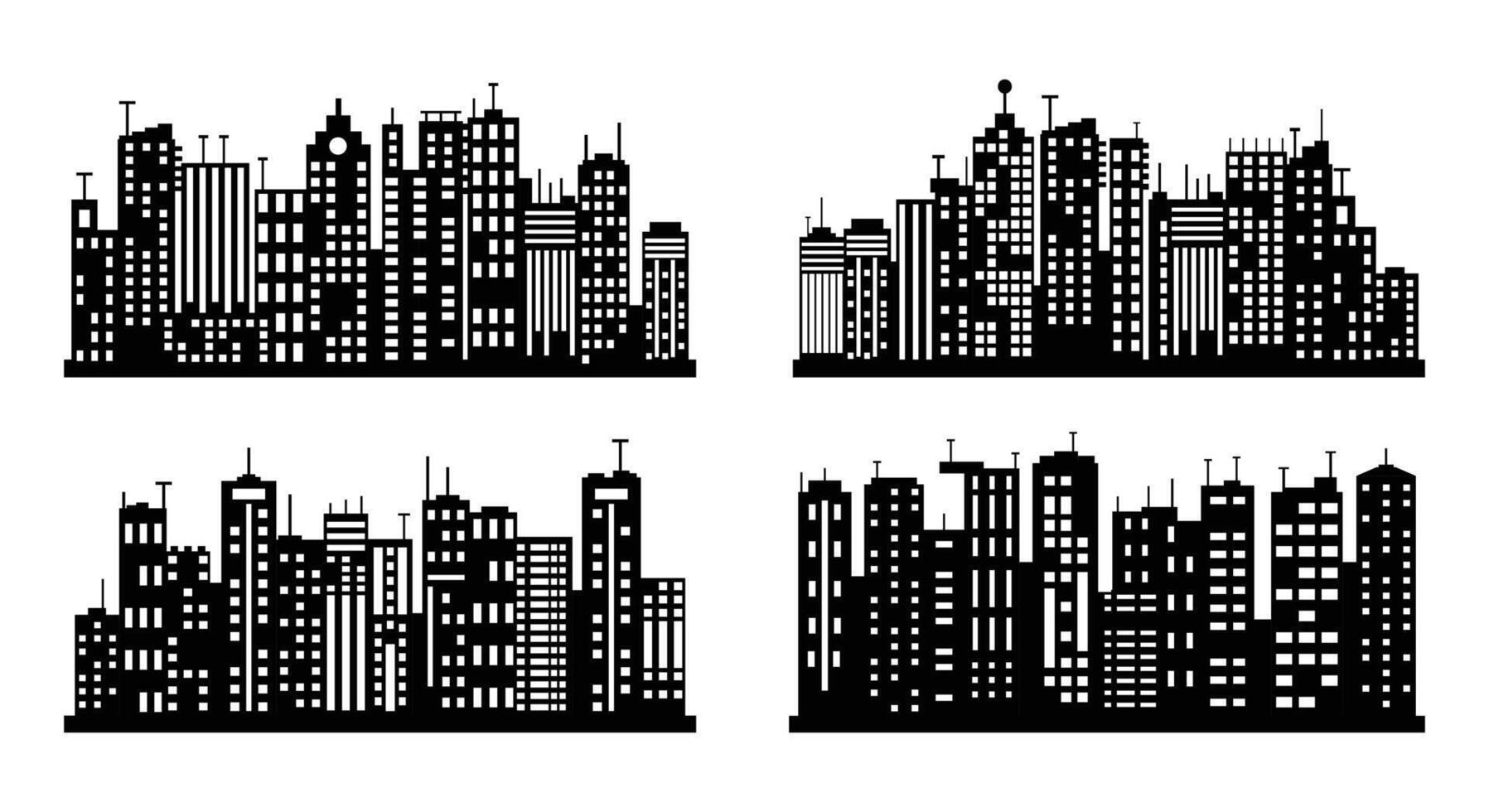 Four Urban Cityscape Silhouette Layouts with Skyscrapers on White Background vector