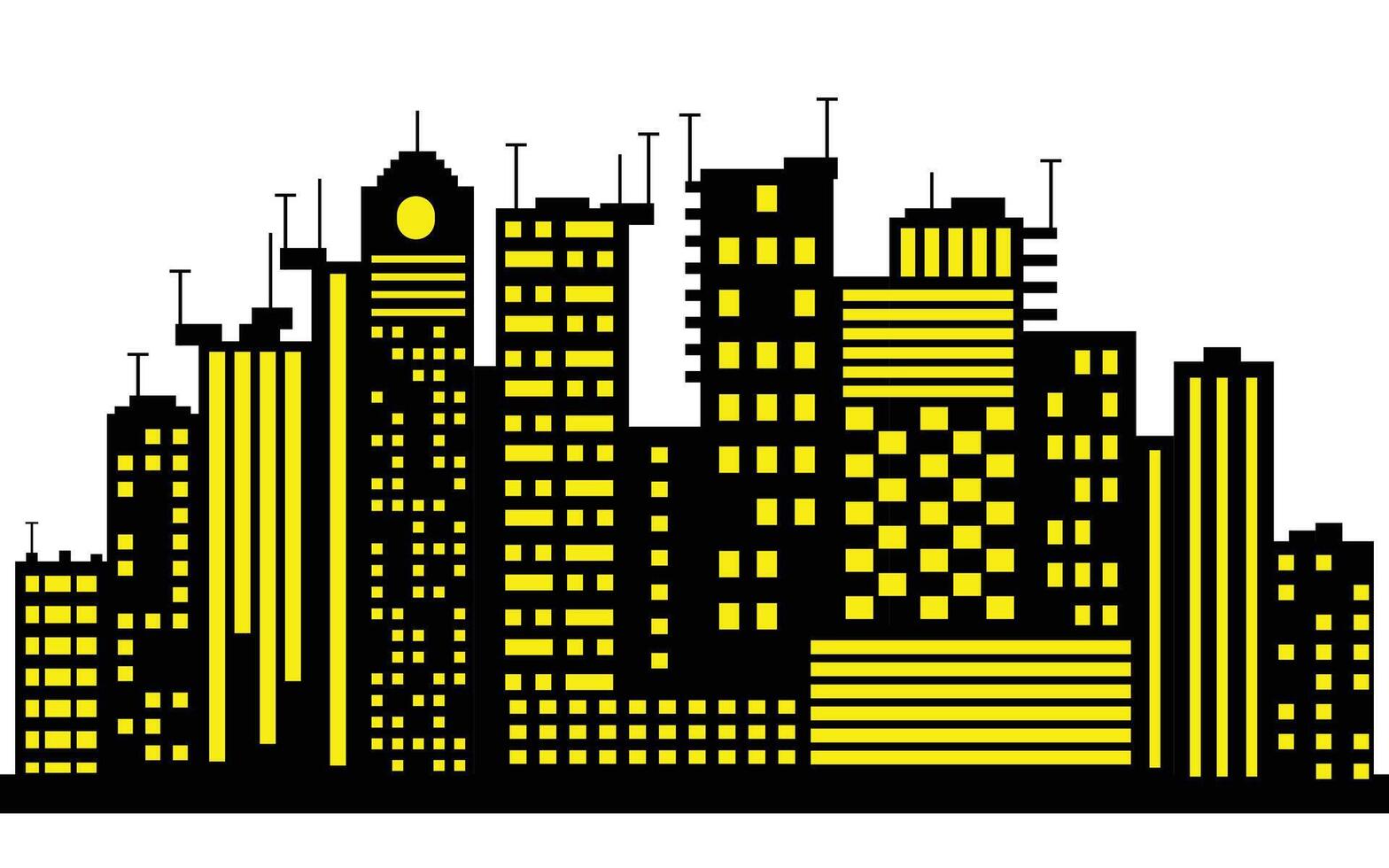 Pixel Art Cityscape Silhouette with Yellow Windows on White Background vector