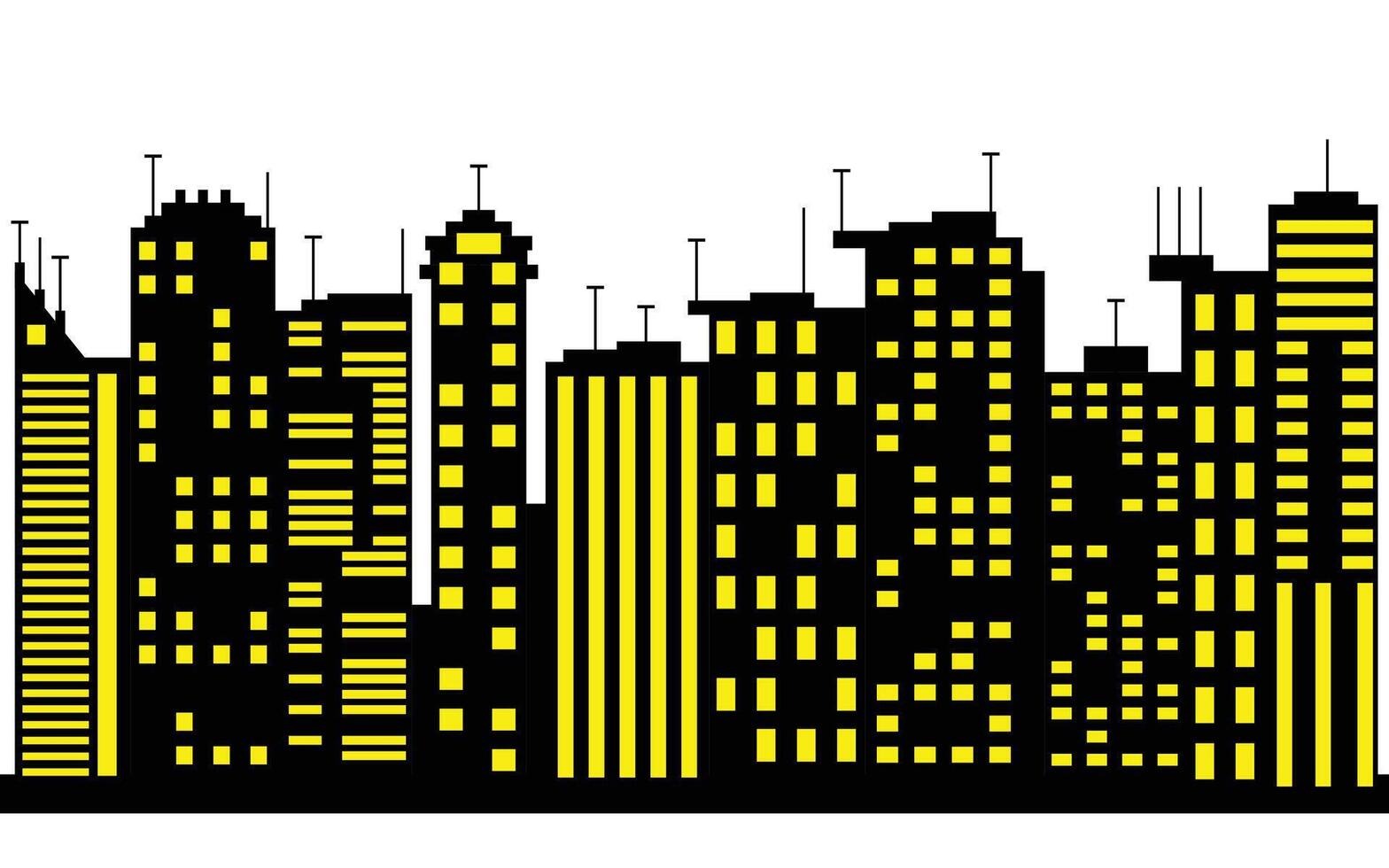 Pixelated Black Skyline with Yellow Windows, white Background, Cityscape Design vector