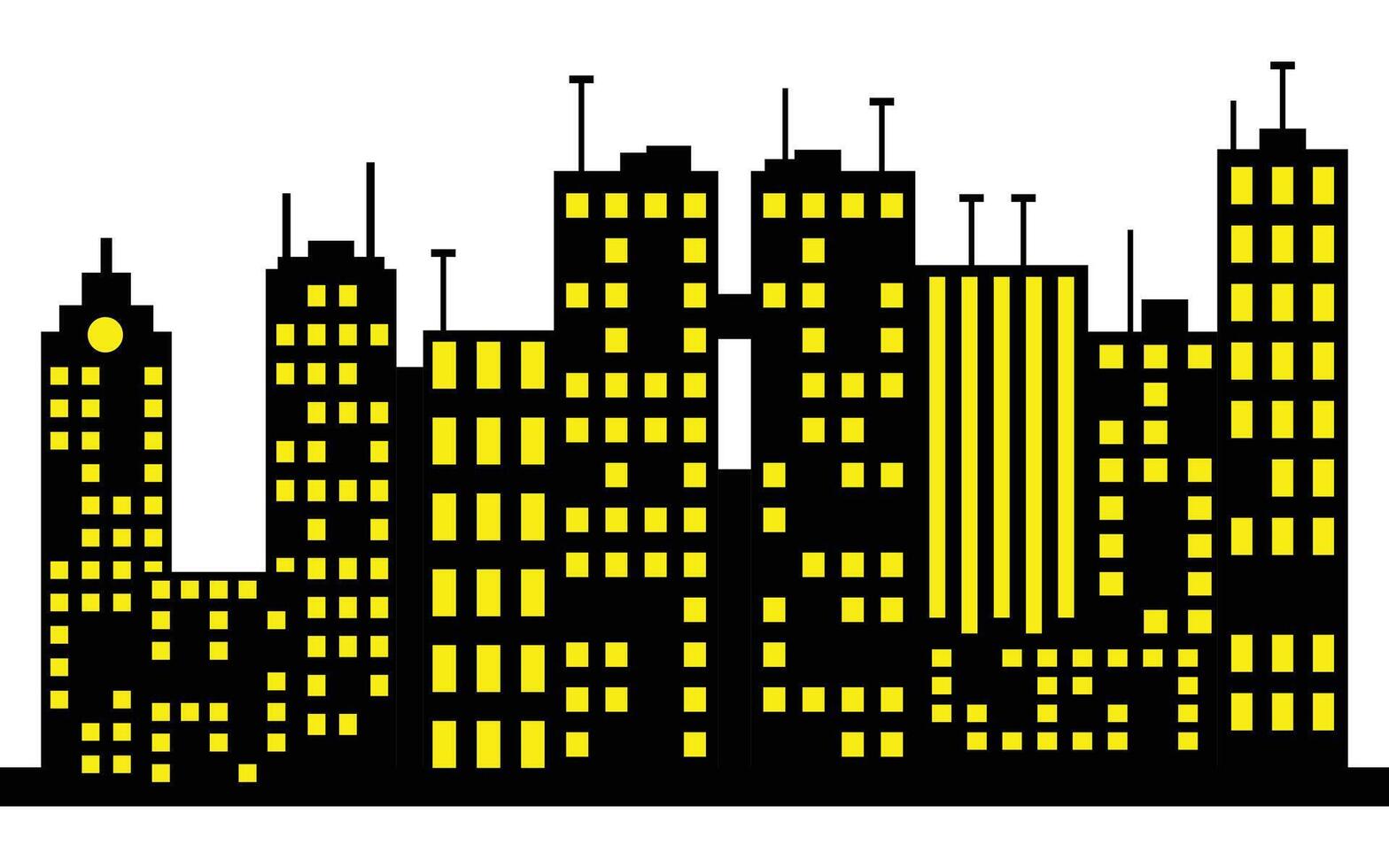 Cityscape Silhouette with Glowing Yellow Windows on white Background vector
