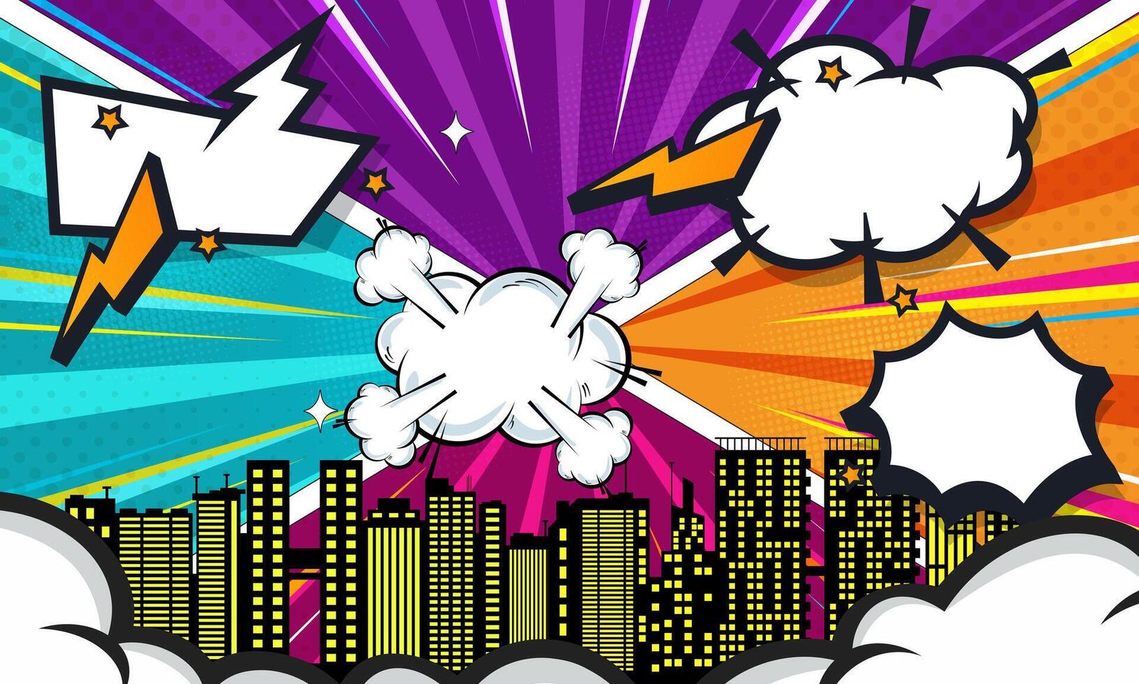 Colorful Comic Book Style Pop Art Background with Speech Bubbles and Cityscape vector