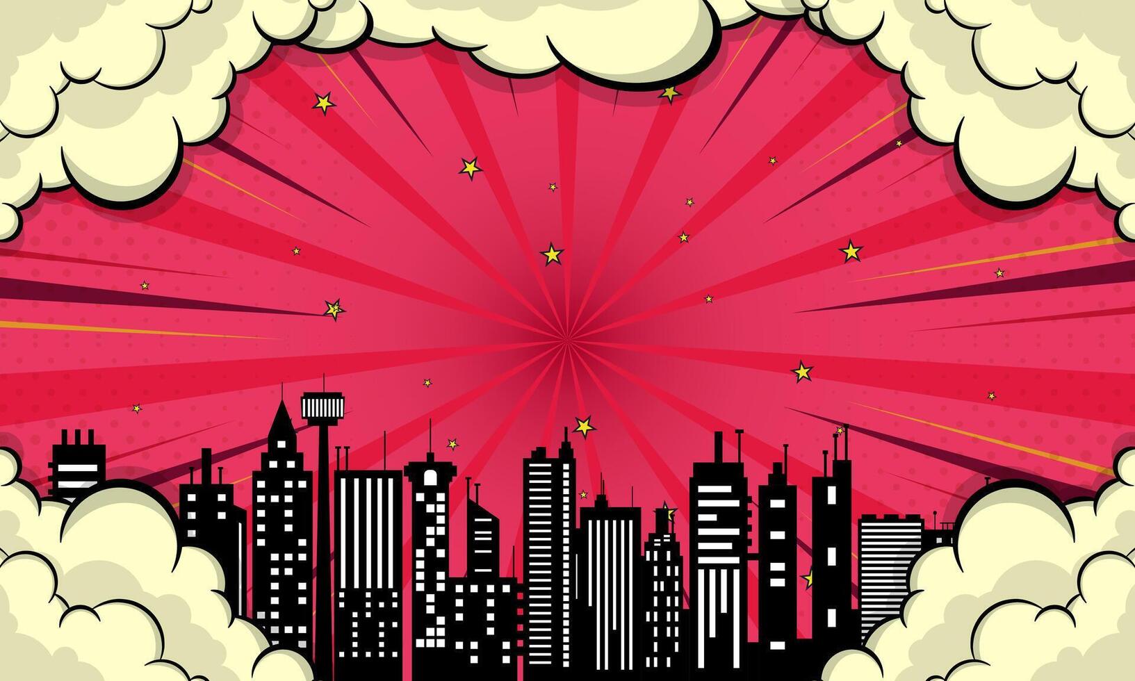 Cityscape Silhouette Against Retro Comic Book Background with Pop Art Clouds Stars vector