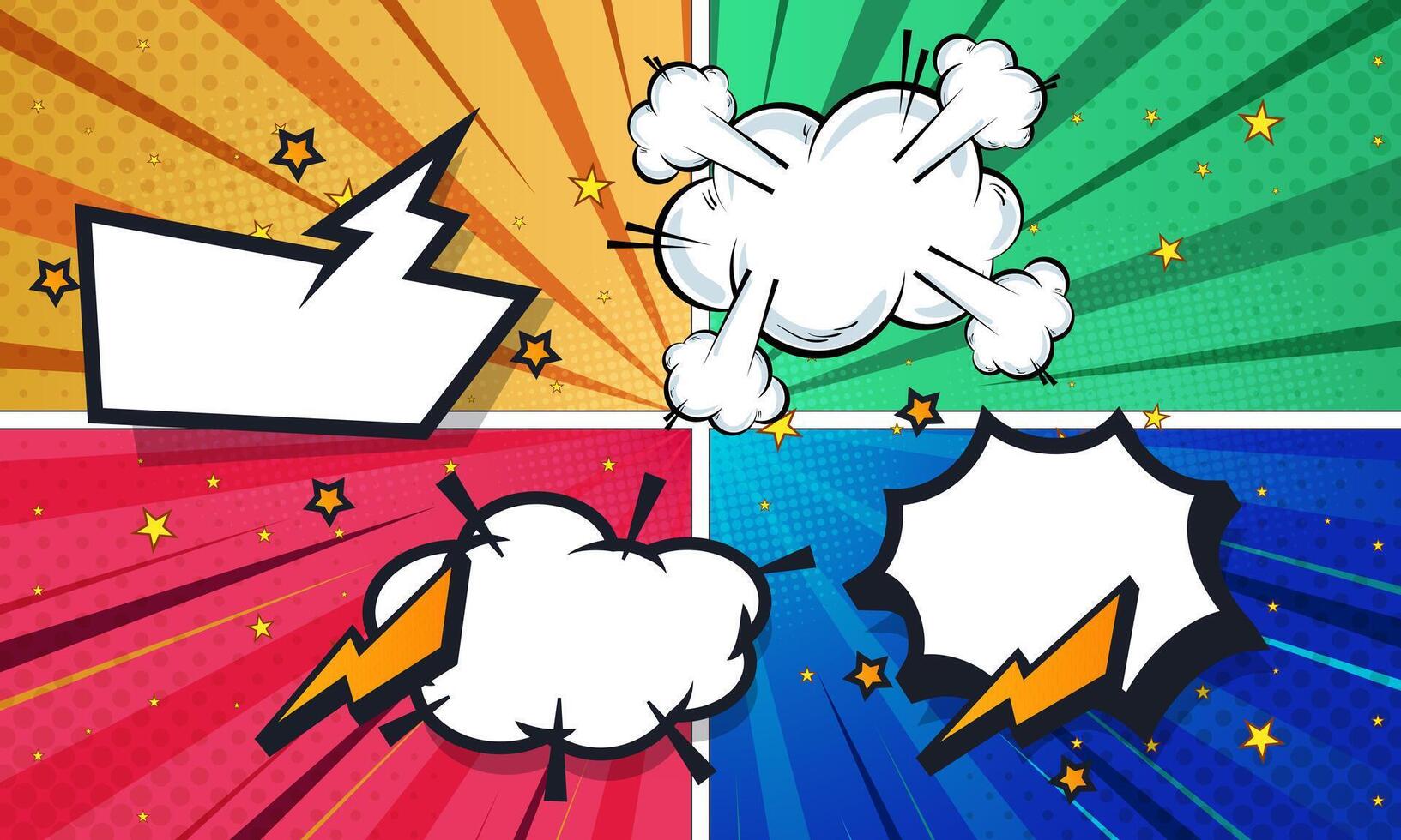 Colorful Comic Book Panel with Burst, Clouds, Lightning Bolt, Stars Elements Design vector