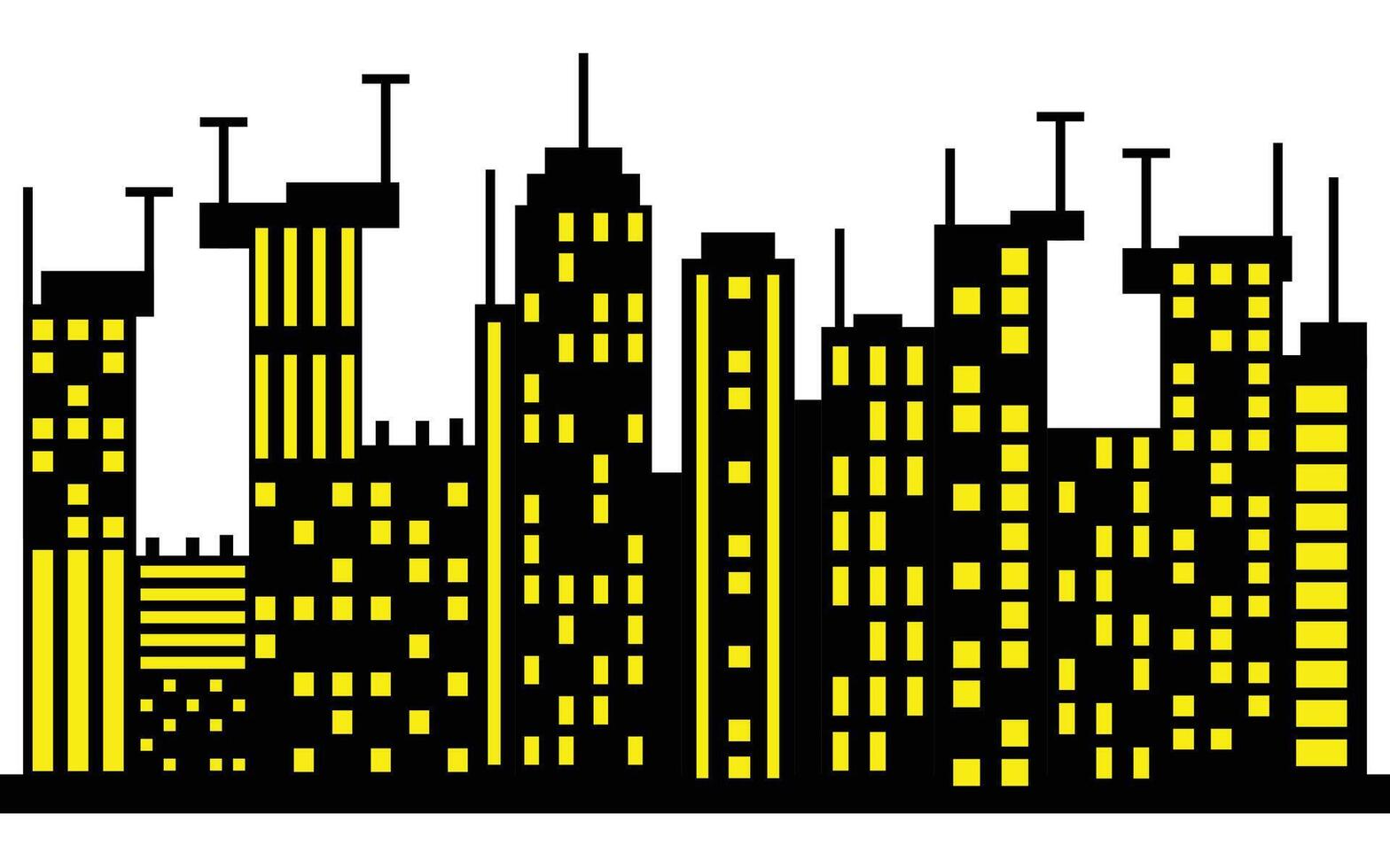 Pixelated Cityscape with Yellow Windows on Black Buildings Silhouette on White vector