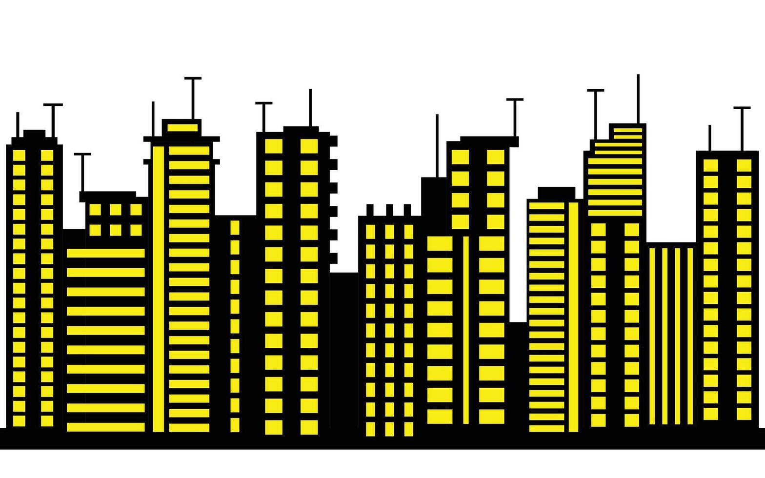 Flat Cityscape Silhouette with Yellow Windows and Antennas on white Background vector