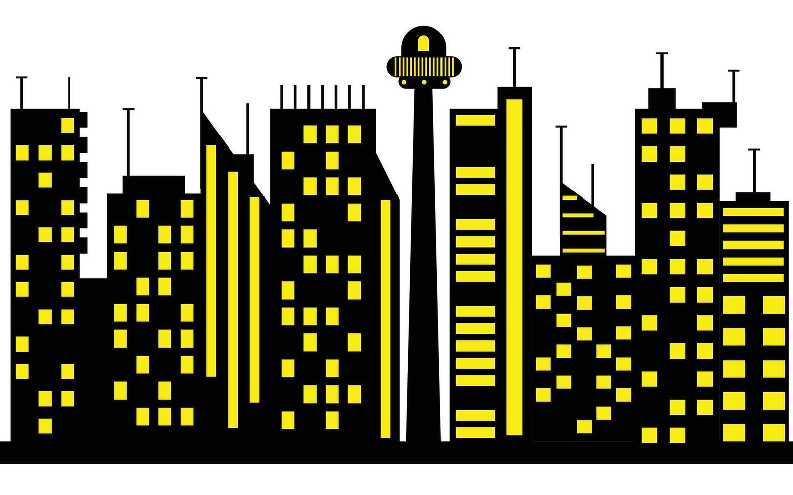 Night Cityscape Silhouette with Yellow Windows and Tower on white Background vector
