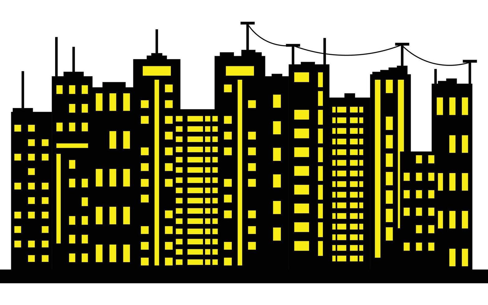 Pixel Art Cityscape with Glowing Yellow Windows on Dark Buildings, Retro Style vector