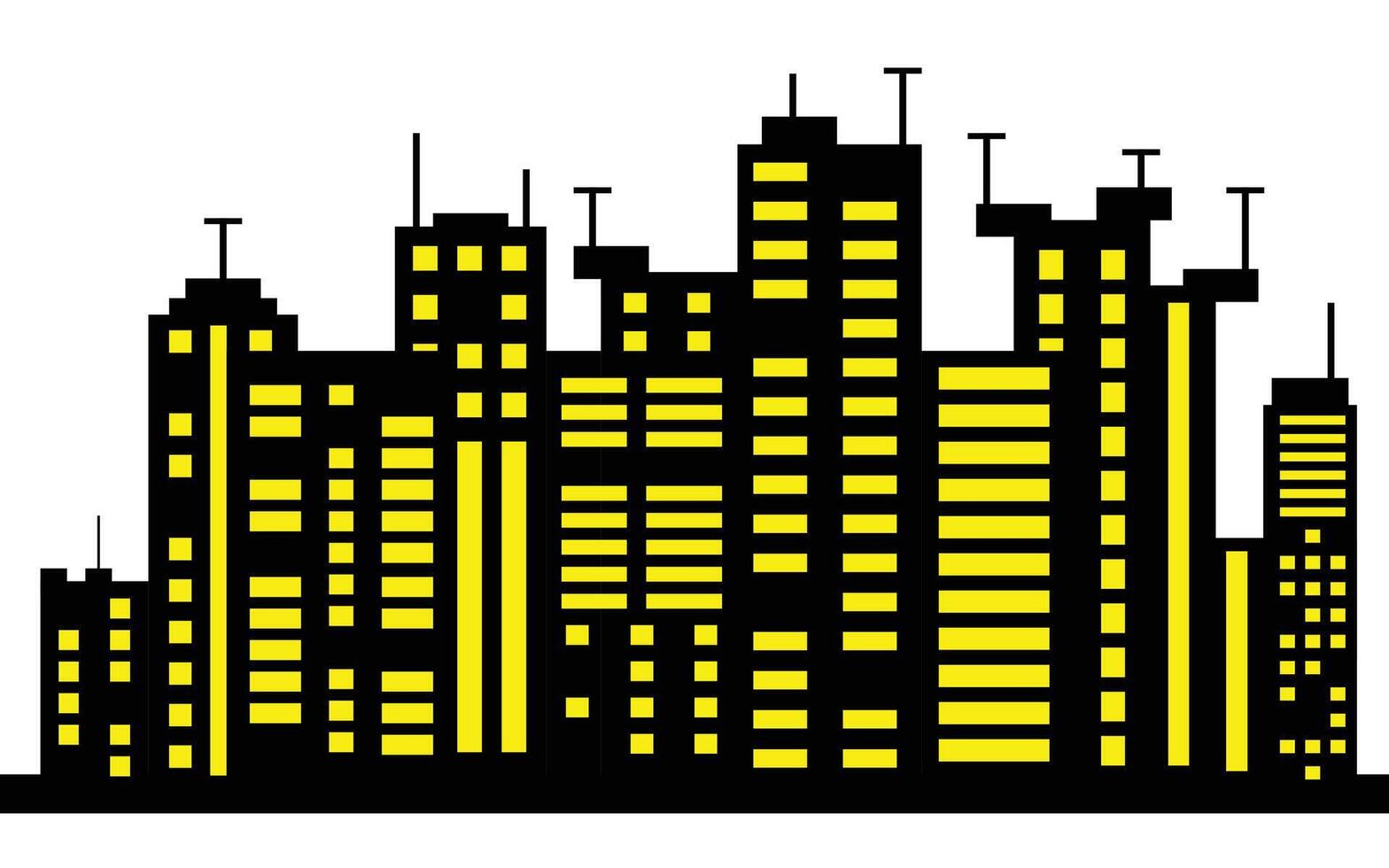 Pixel Art Cityscape Black Building Silhouettes with Yellow Windows on White Background vector