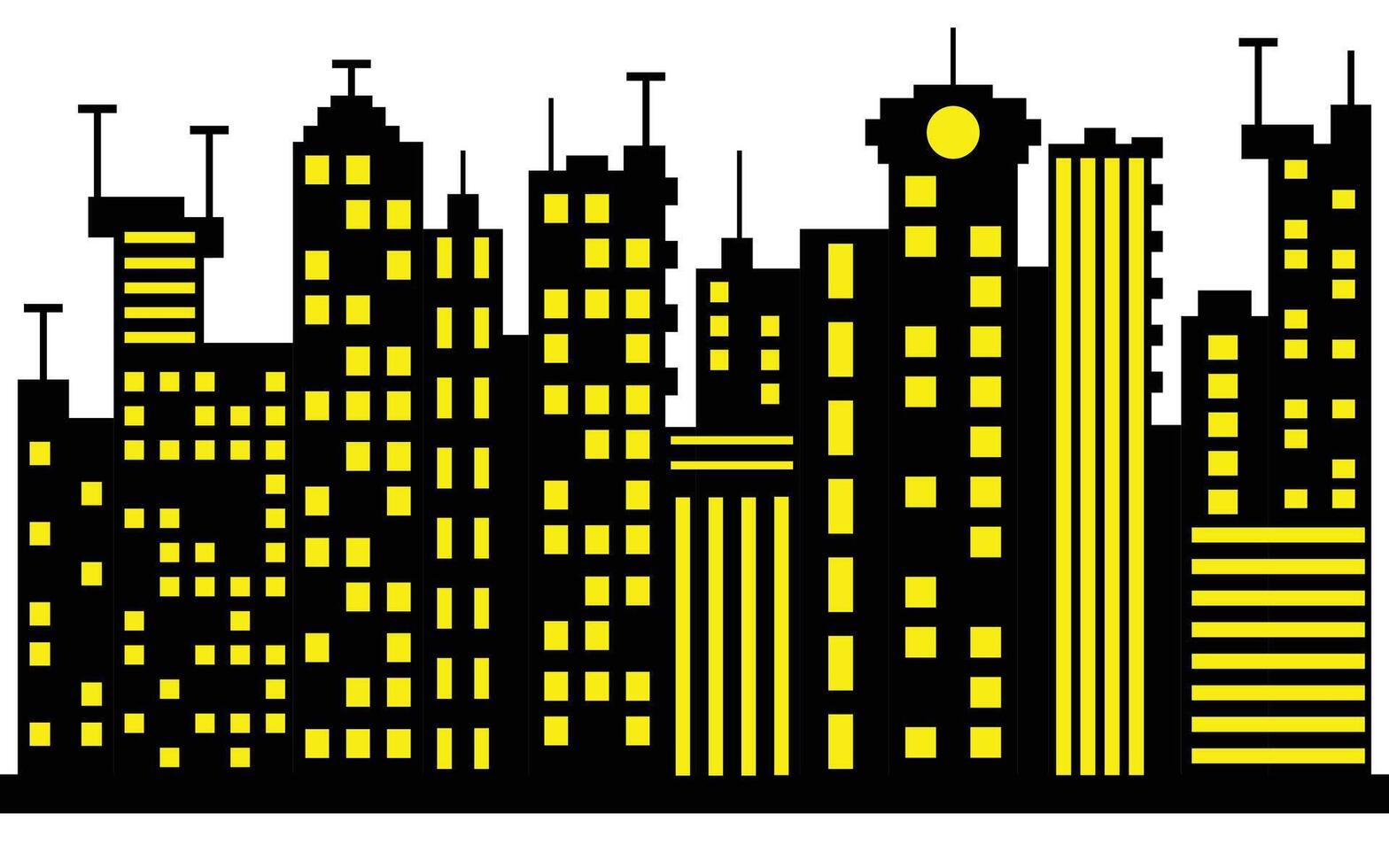 Pixel Art Style Cityscape with Yellow Windows and Detailed Building Silhouettes vector