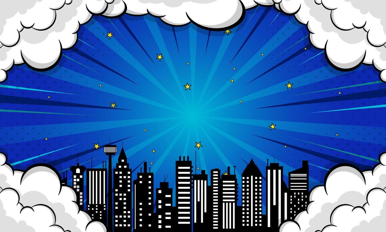 Cityscape Comic Book Style Backdrop with Burst Effect, Clouds, and Starry Sky vector