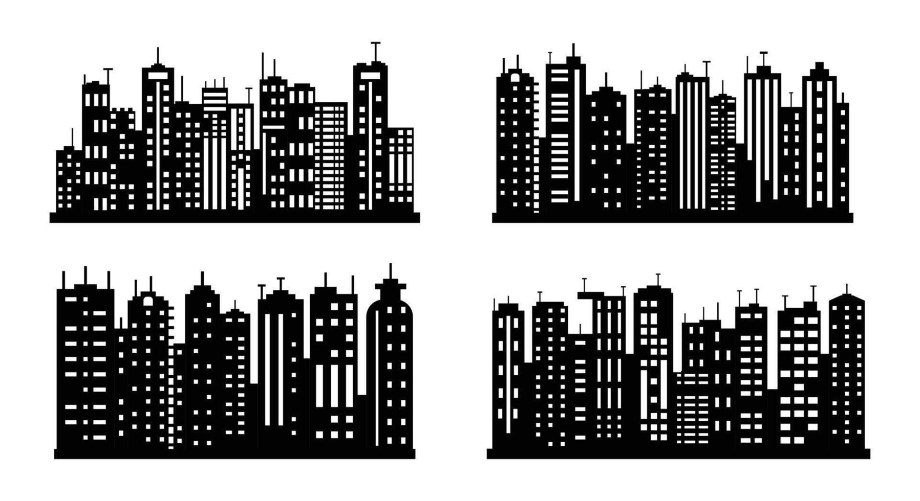 Four Black Cityscape Silhouettes with White Windows on White Background Set vector