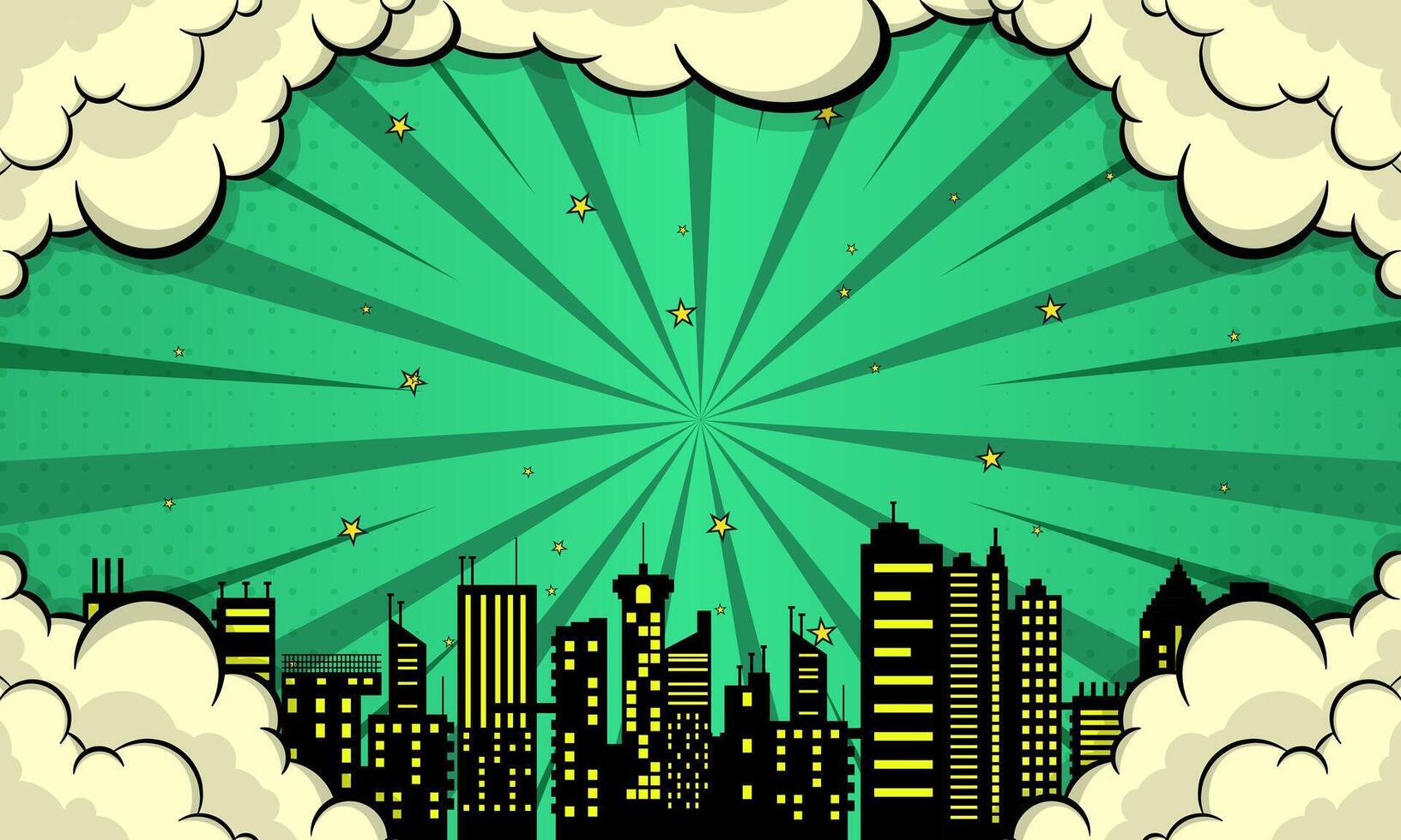 Comic Book Retro Cityscape Stylized Skyline, Star Accents, Clouds, Burst Pattern vector
