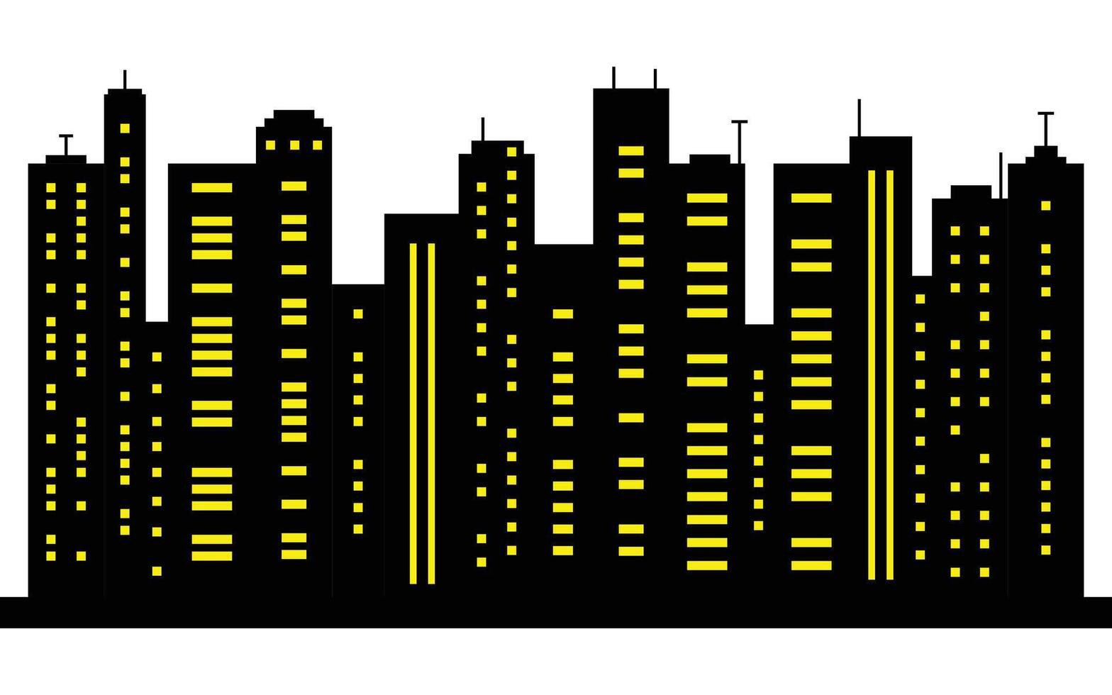 Pixel art Black Buildings with Yellow Windows on White Background Cityscape vector