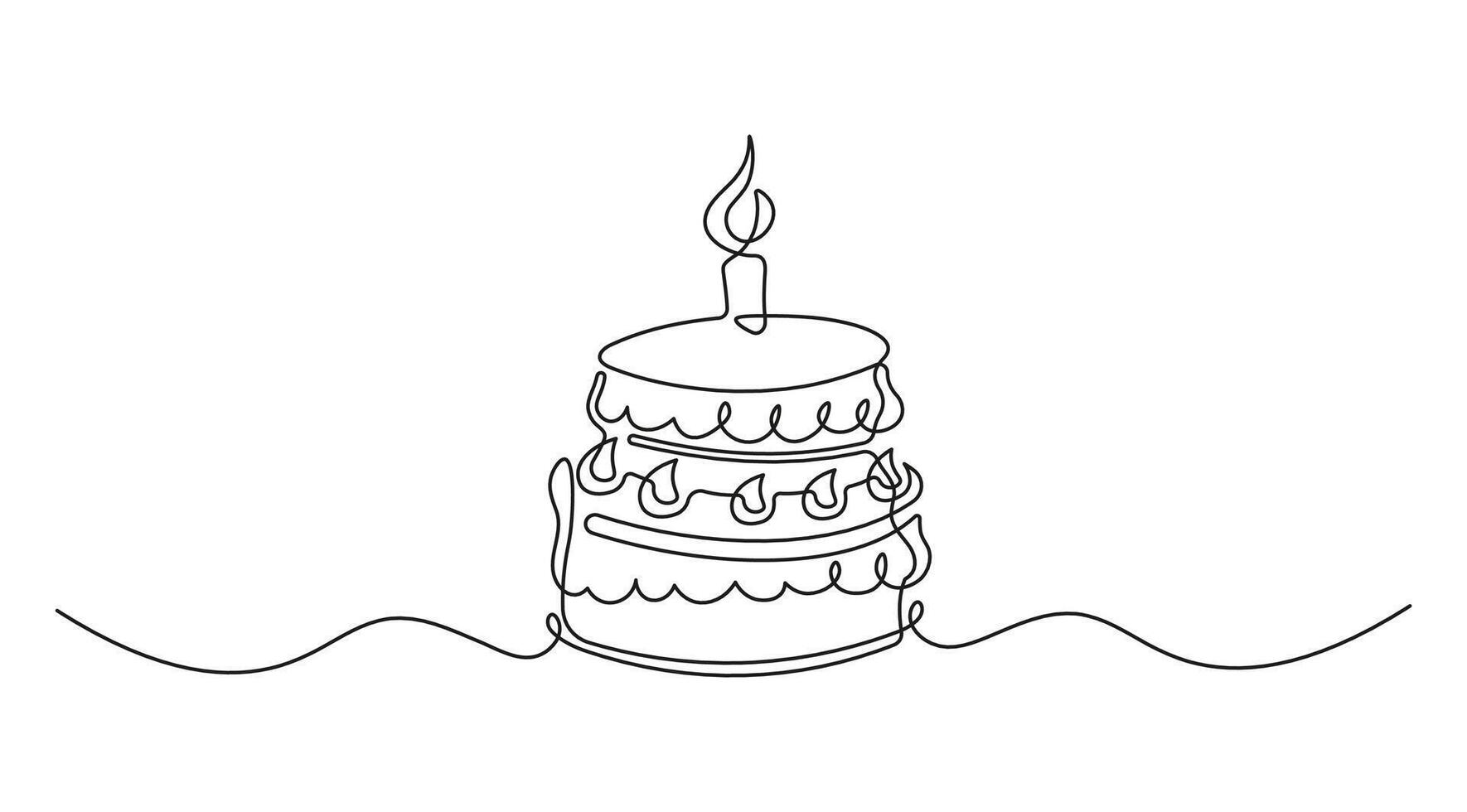 Happy Birthday Calligraphy with Birthday Cake. Continuous Line Drawing. vector
