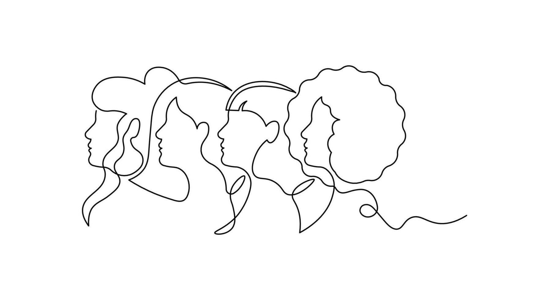 Multicultural Sisterhood, Celebrating International Women's Day with Equality, Solidarity, and Cooperation. Editable Continuous Line Drawing Illustration. vector