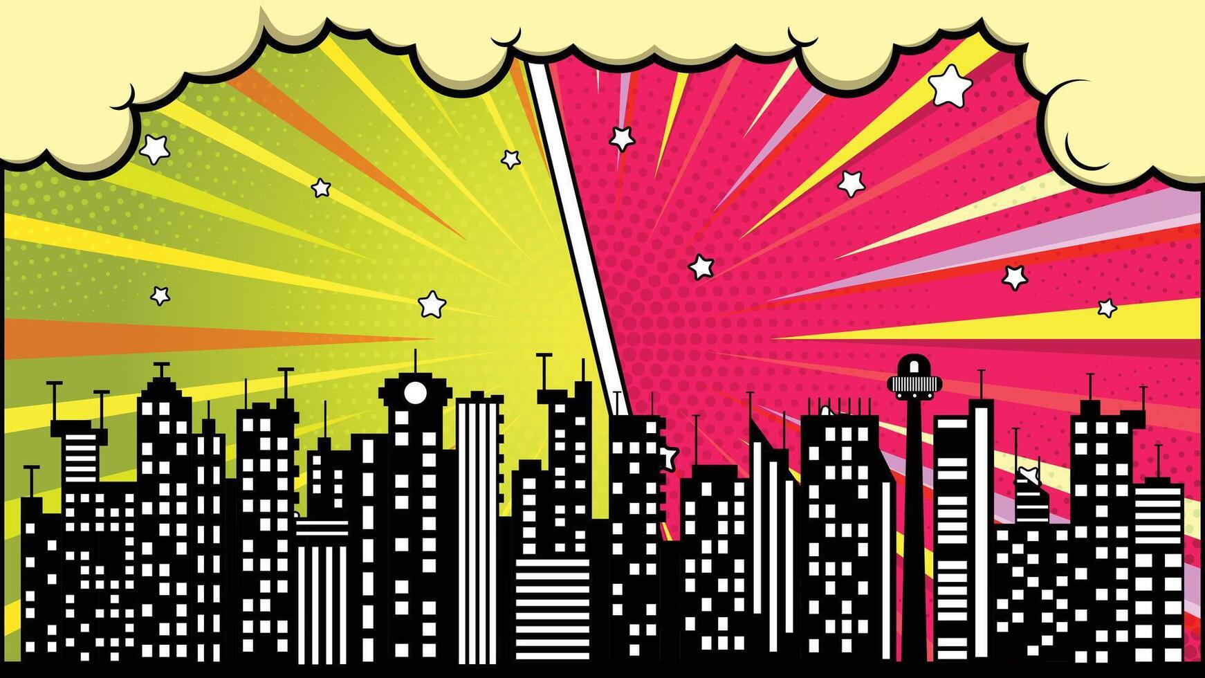 Comic Style Cityscape with Halftone Effects, Pop Art Background, Cartoon Clouds Design vector