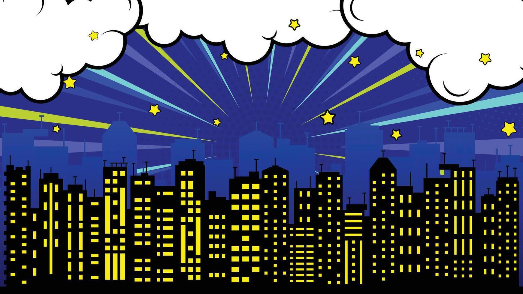Comic Cityscape Silhouetted Buildings with Yellow Windows, Clouds, Stars, and Blue Rays vector