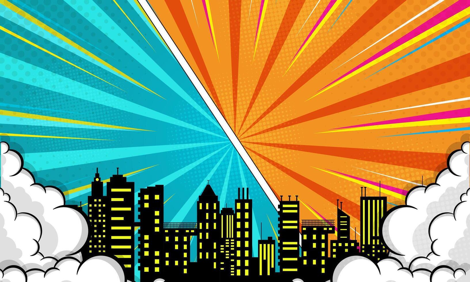 Pop Art Comic Book Page with Cityscape, Blue, Orange Halftone Background and Clouds vector